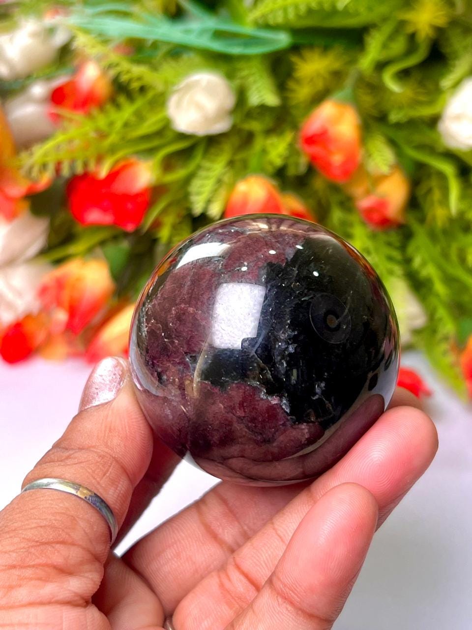 215 Gm Arfvedsonite Stone with Garnet Stone Manifestation Sphere 50MM Crystal Ball Orb Stone Meditation Space Crystal Grid With wooden Stand