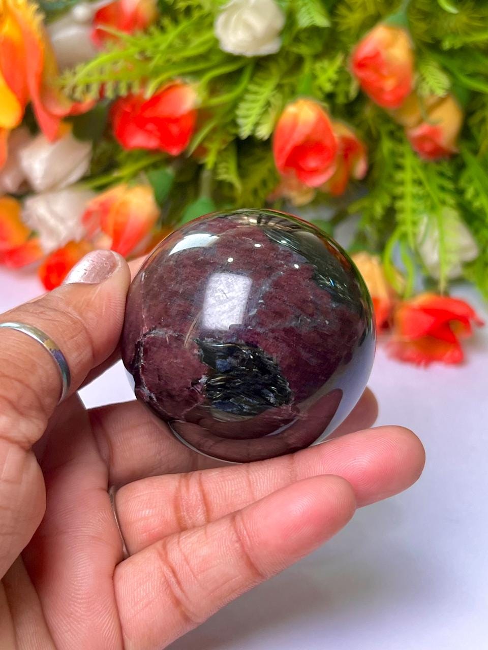 215 Gm Arfvedsonite Stone with Garnet Stone Manifestation Sphere 50MM Crystal Ball Orb Stone Meditation Space Crystal Grid With wooden Stand