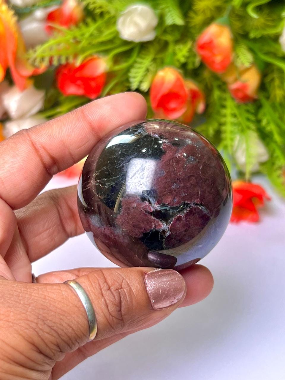 215 Gm Arfvedsonite Stone with Garnet Stone Manifestation Sphere 50MM Crystal Ball Orb Stone Meditation Space Crystal Grid With wooden Stand