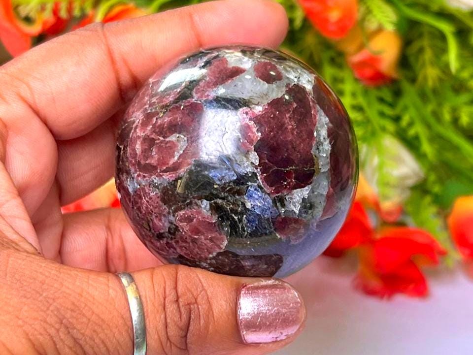 216 Gm Arfvedsonite Stone with Garnet Stone Manifestation Sphere 50MM Crystal Ball Orb Stone Meditation Space Crystal Grid With wooden Stand