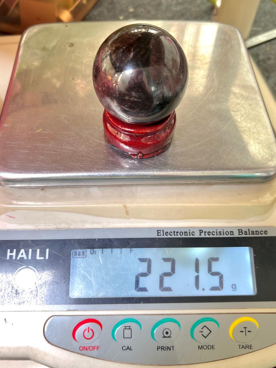 221 Gm Arfvedsonite Stone with Garnet Stone Manifestation Sphere 50MM Crystal Ball Orb Stone Meditation Space Crystal Grid With wooden Stand