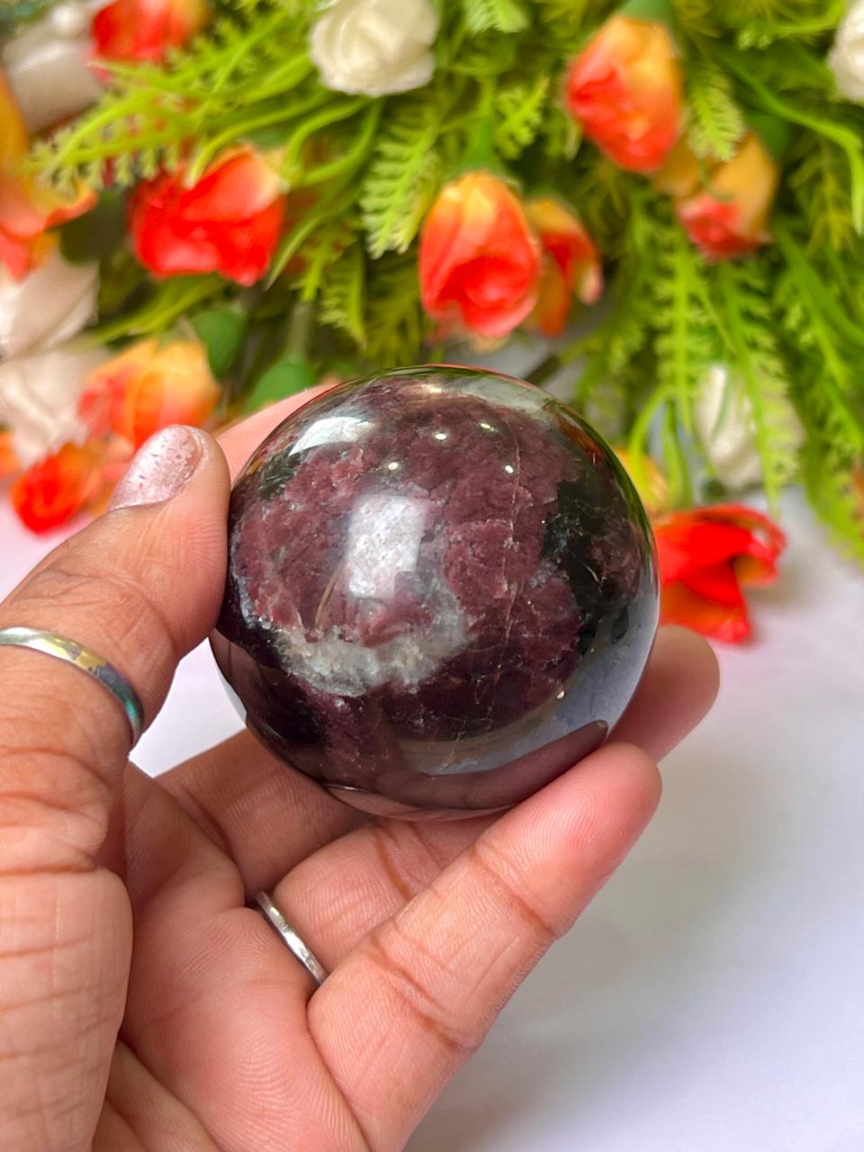 221 Gm Arfvedsonite Stone with Garnet Stone Manifestation Sphere 50MM Crystal Ball Orb Stone Meditation Space Crystal Grid With wooden Stand