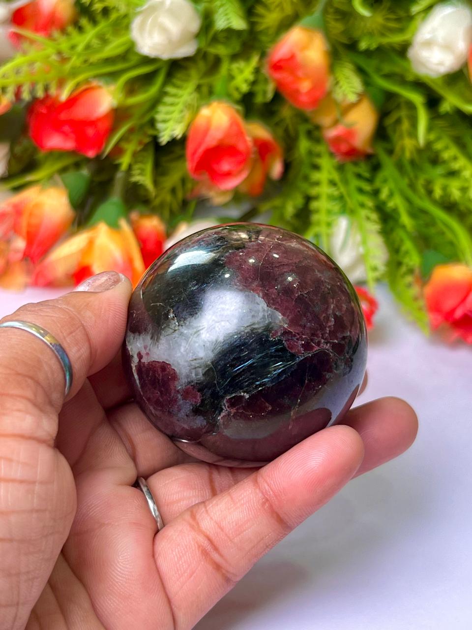 221 Gm Arfvedsonite Stone with Garnet Stone Manifestation Sphere 50MM Crystal Ball Orb Stone Meditation Space Crystal Grid With wooden Stand