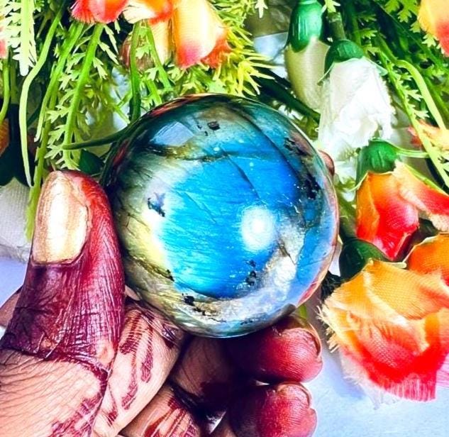 Rainbow Labradorite Sphere 40 MM Crystal Ball Orb Pocket Stone Meditation Space Crystal Grid With wooden Stand
