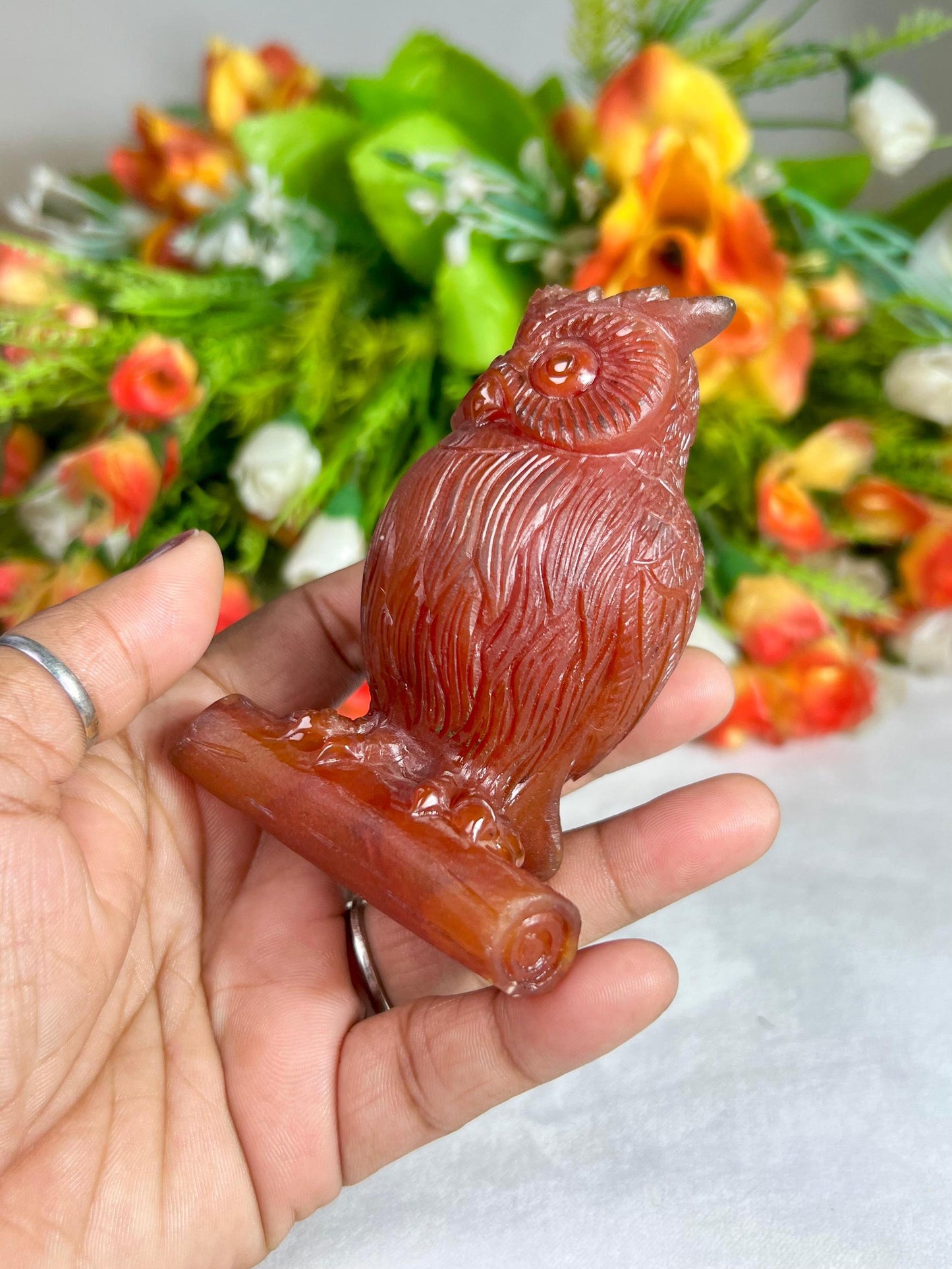 Beautiful Carnelian Stone Carving Owl Bird - Healing Crystal - Home Decoration - Reiki Healing - Gift for All 212 Gram