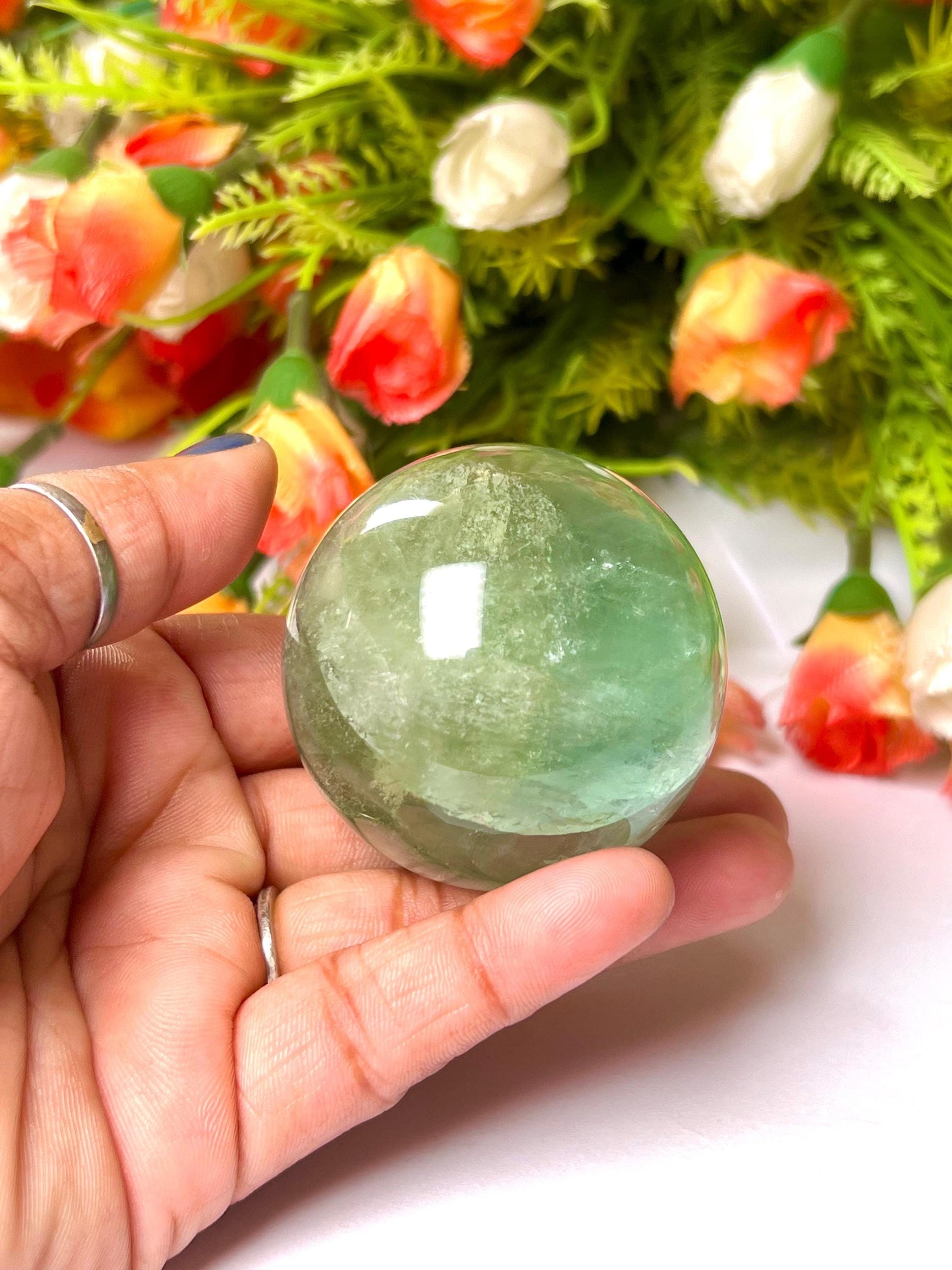 Green Fluorite Stone Sphere 40 MM Crystal Ball Orb Pocket Stone Meditation Space Crystal Grid With wooden Stand