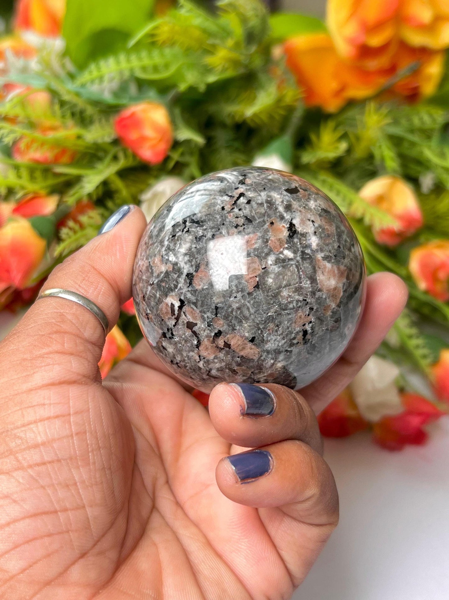 Yooperlite Stone Sphere 45 MM Crystal Ball Orb Pocket Stone Meditation Space Crystal Grid With wooden Stand