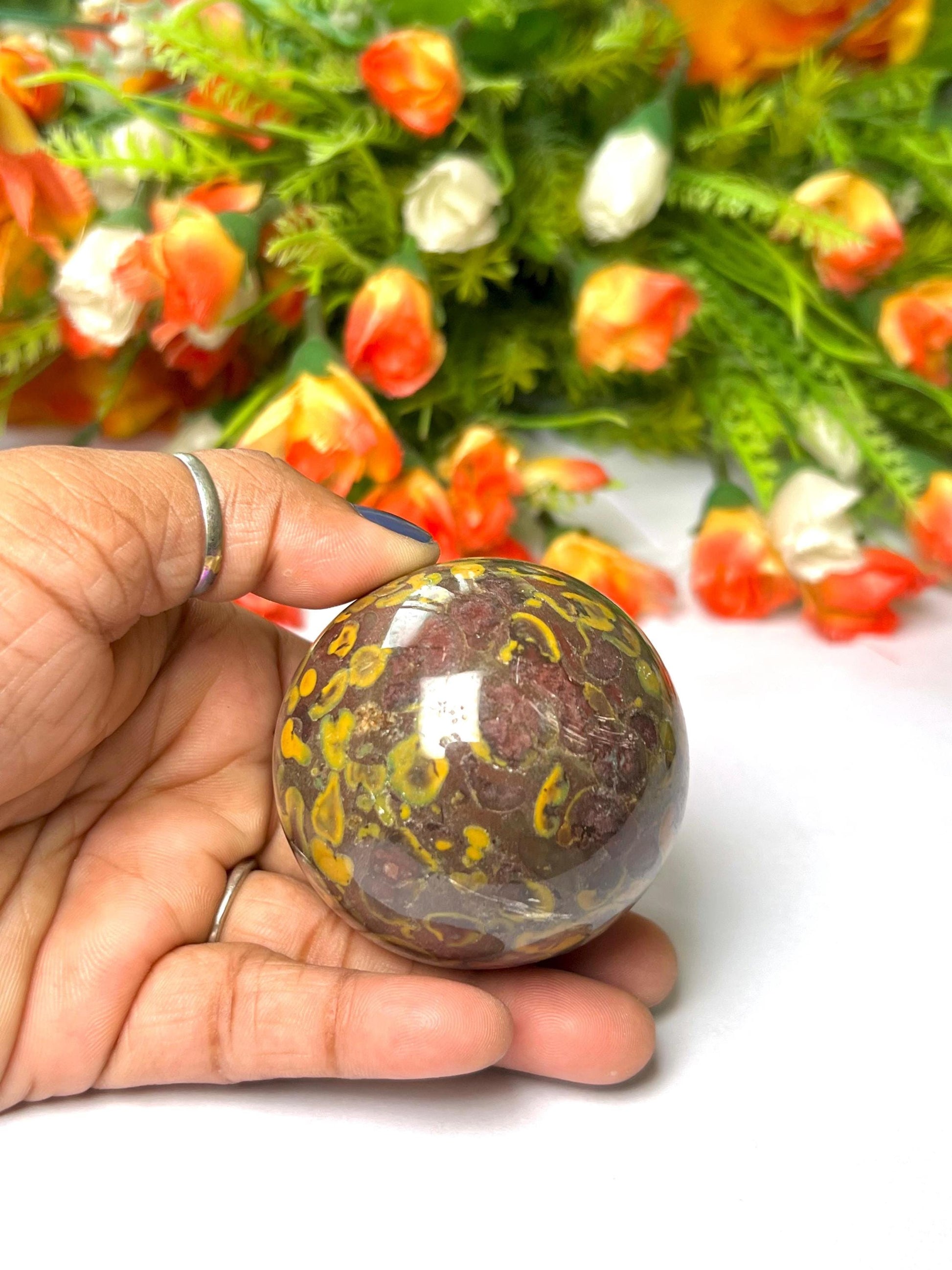 Ajooba Jasper Stone Sphere 45 MM Crystal Ball Orb Pocket Stone Meditation Space Crystal Grid With wooden Stand