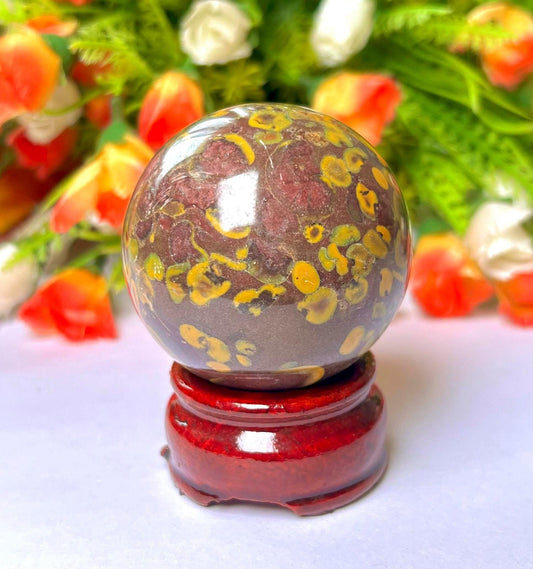 Ajooba Jasper Stone Sphere 45 MM Crystal Ball Orb Pocket Stone Meditation Space Crystal Grid With wooden Stand