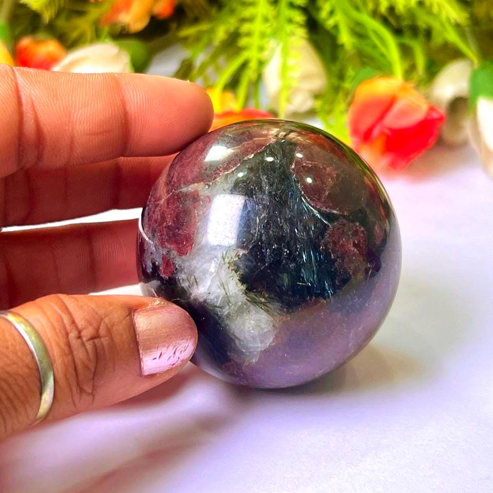 221 Gm Arfvedsonite Stone with Garnet Stone Manifestation Sphere 50MM Crystal Ball Orb Stone Meditation Space Crystal Grid With wooden Stand