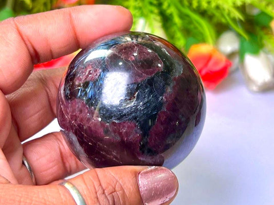 221 Gm Arfvedsonite Stone with Garnet Stone Manifestation Sphere 50MM Crystal Ball Orb Stone Meditation Space Crystal Grid With wooden Stand