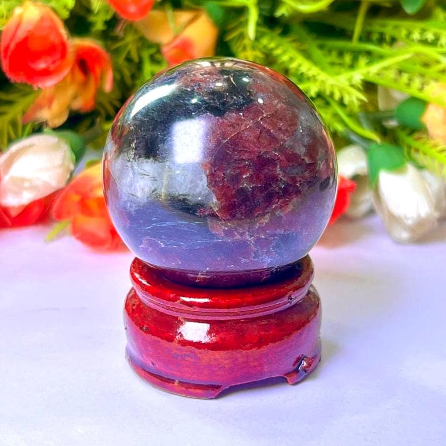 221 Gm Arfvedsonite Stone with Garnet Stone Manifestation Sphere 50MM Crystal Ball Orb Stone Meditation Space Crystal Grid With wooden Stand