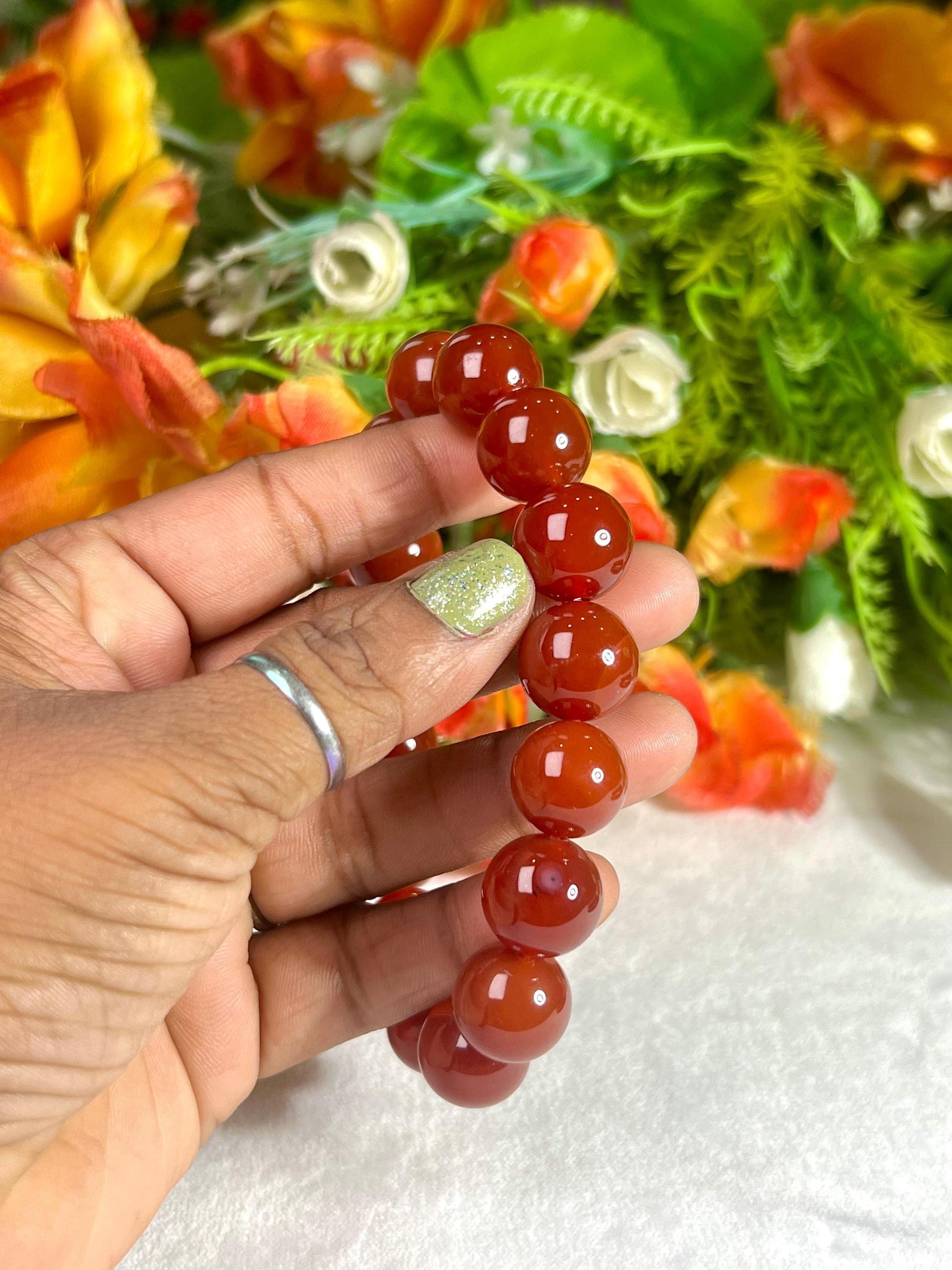 14 MM Carnelian Stone Bracelet l Stretchable Bracelet l Unisex Bracelet