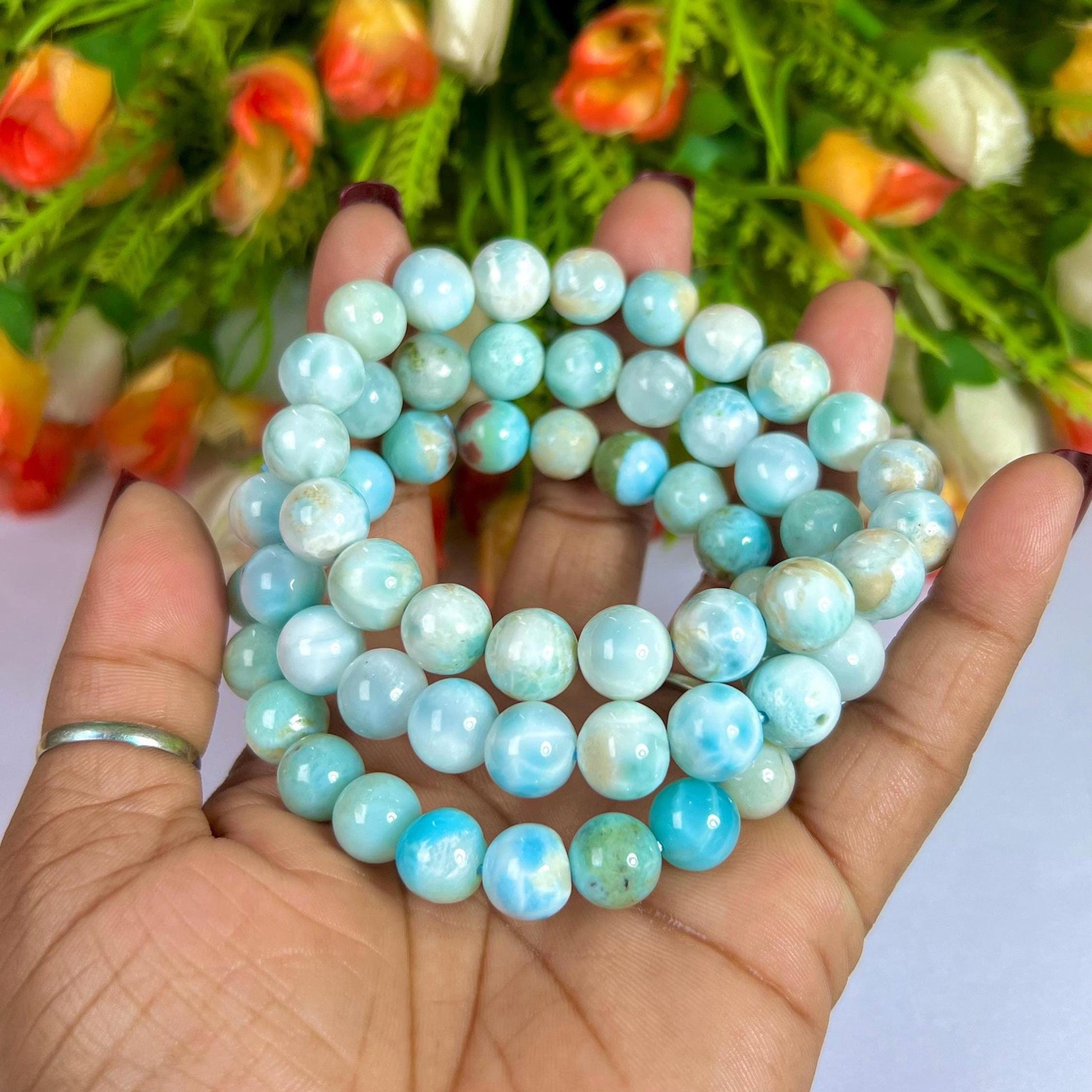 10 MM Dominican Republic Larimar Stone Bracelet l Stretchable Bracelet l Unisex Bracelet