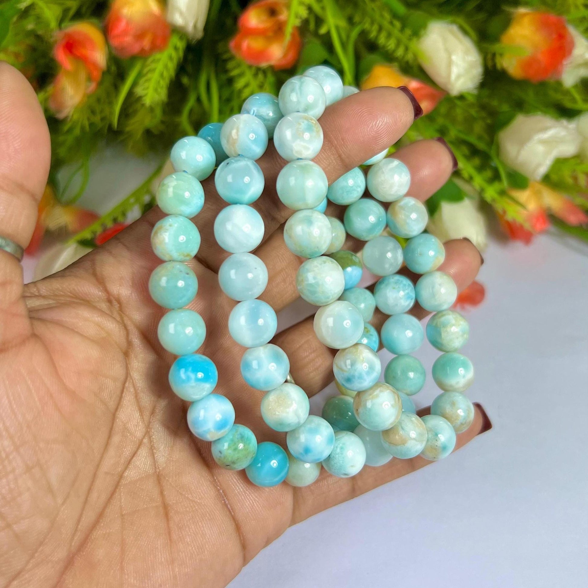 10 MM Dominican Republic Larimar Stone Bracelet l Stretchable Bracelet l Unisex Bracelet