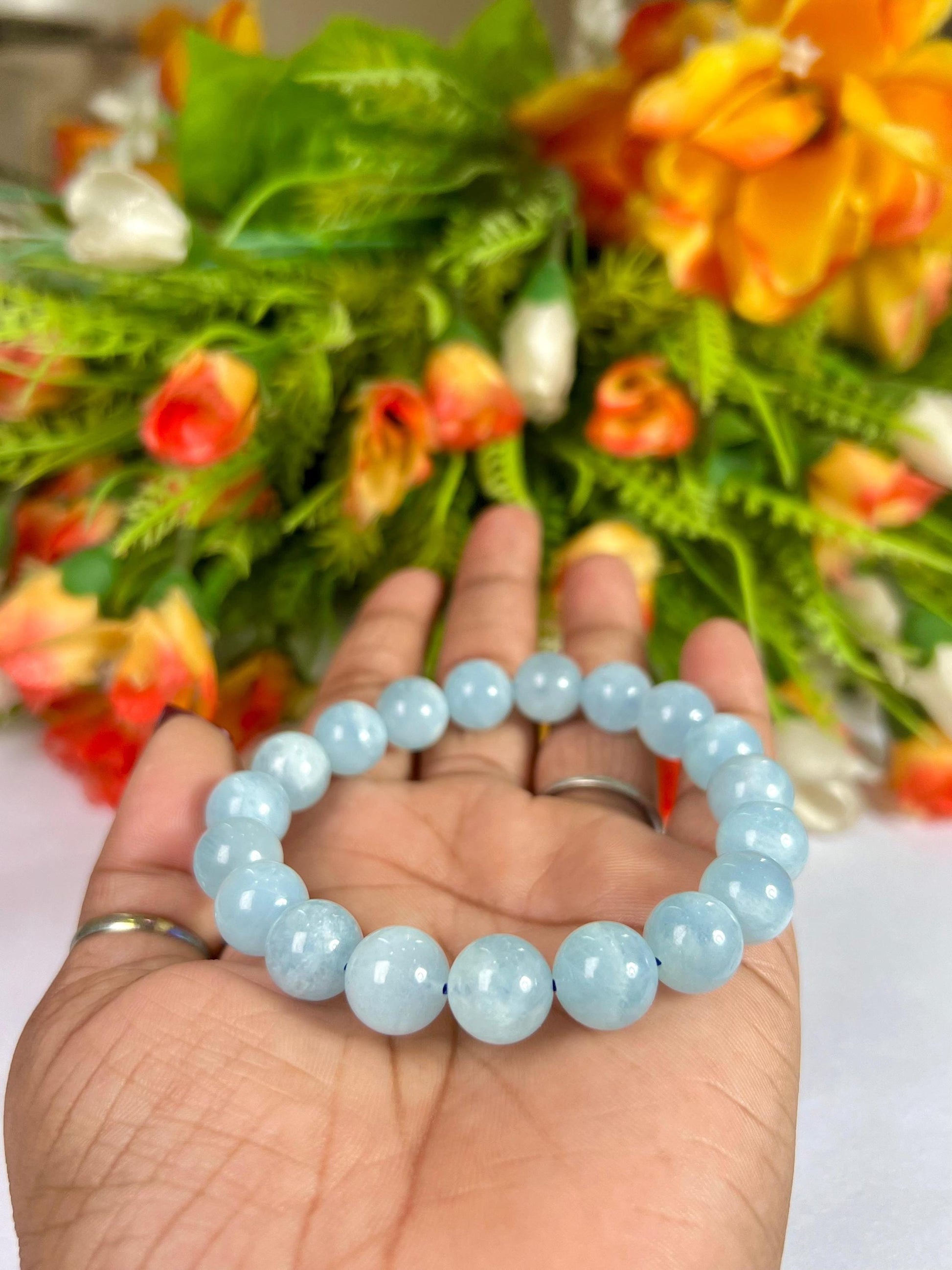10 MM Aquamarine Stone Bracelet l Stretchable Bracelet l Unisex Bracelet