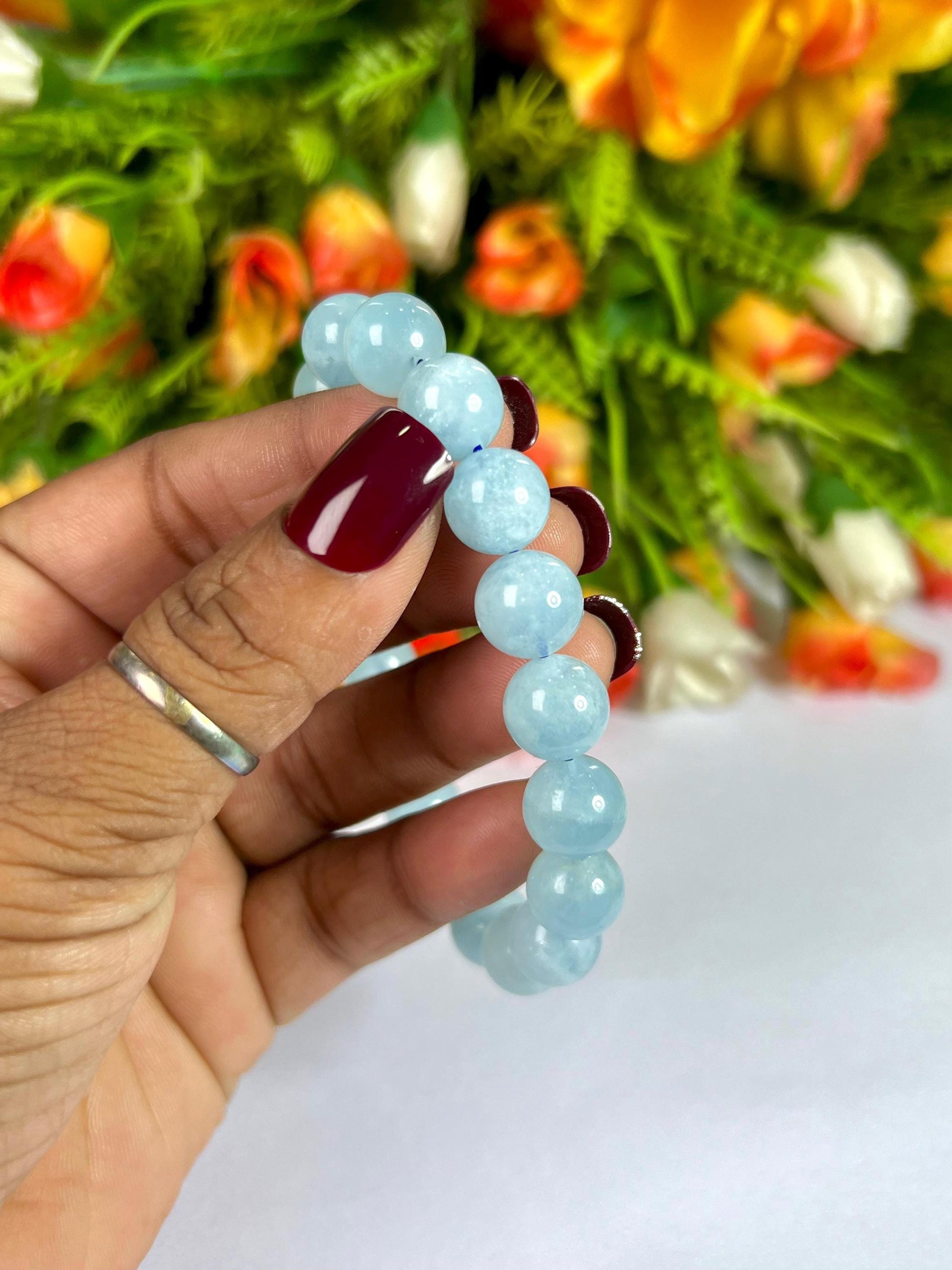 10 MM Aquamarine Stone Bracelet l Stretchable Bracelet l Unisex Bracelet