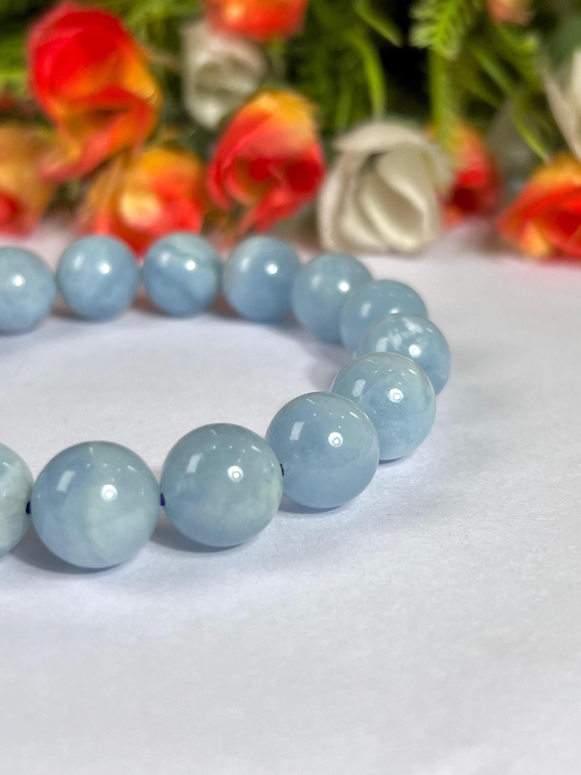 12 MM Aquamarine Stone Bracelet l Stretchable Bracelet l Unisex Bracelet