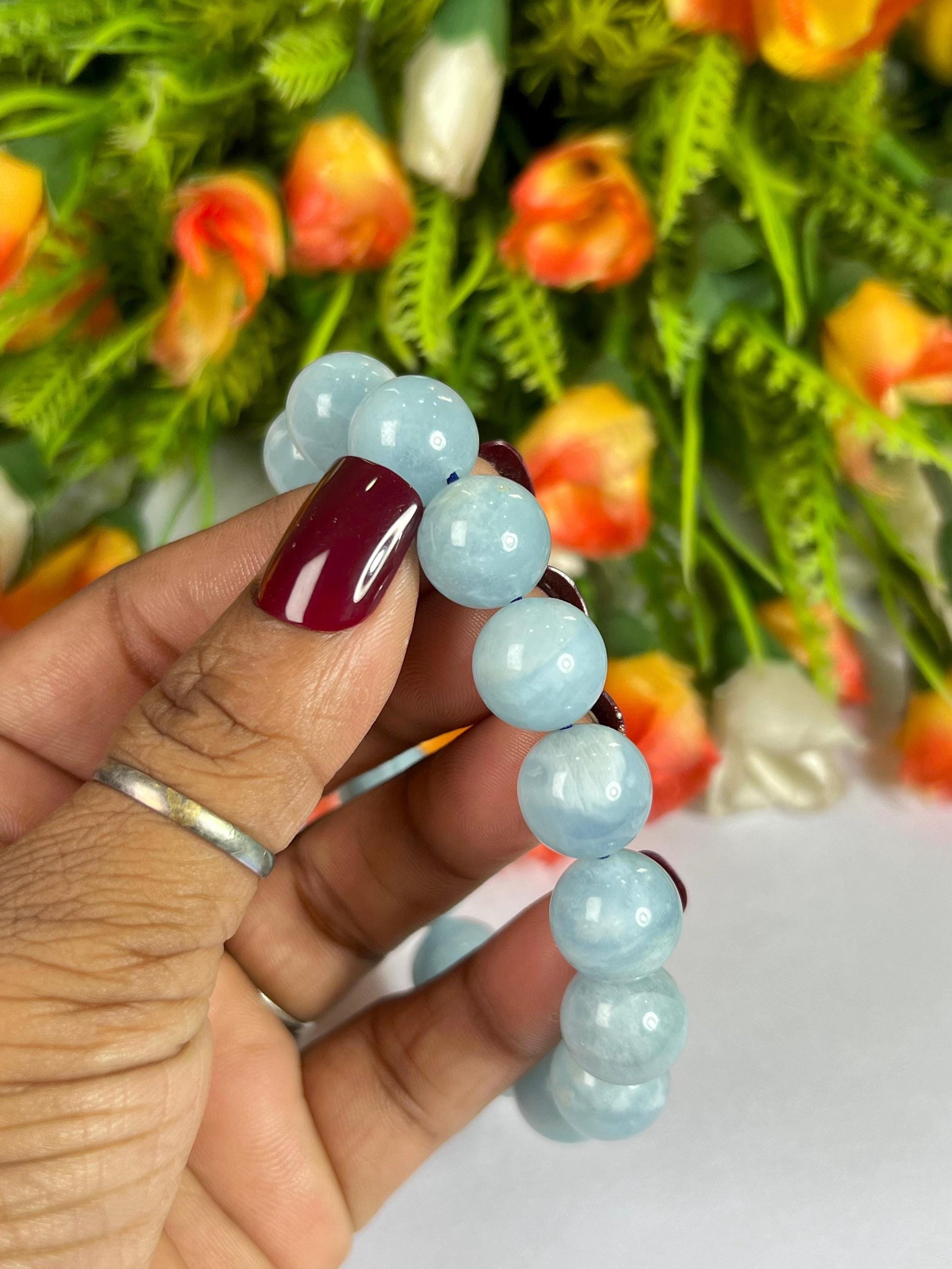 12 MM Aquamarine Stone Bracelet l Stretchable Bracelet l Unisex Bracelet