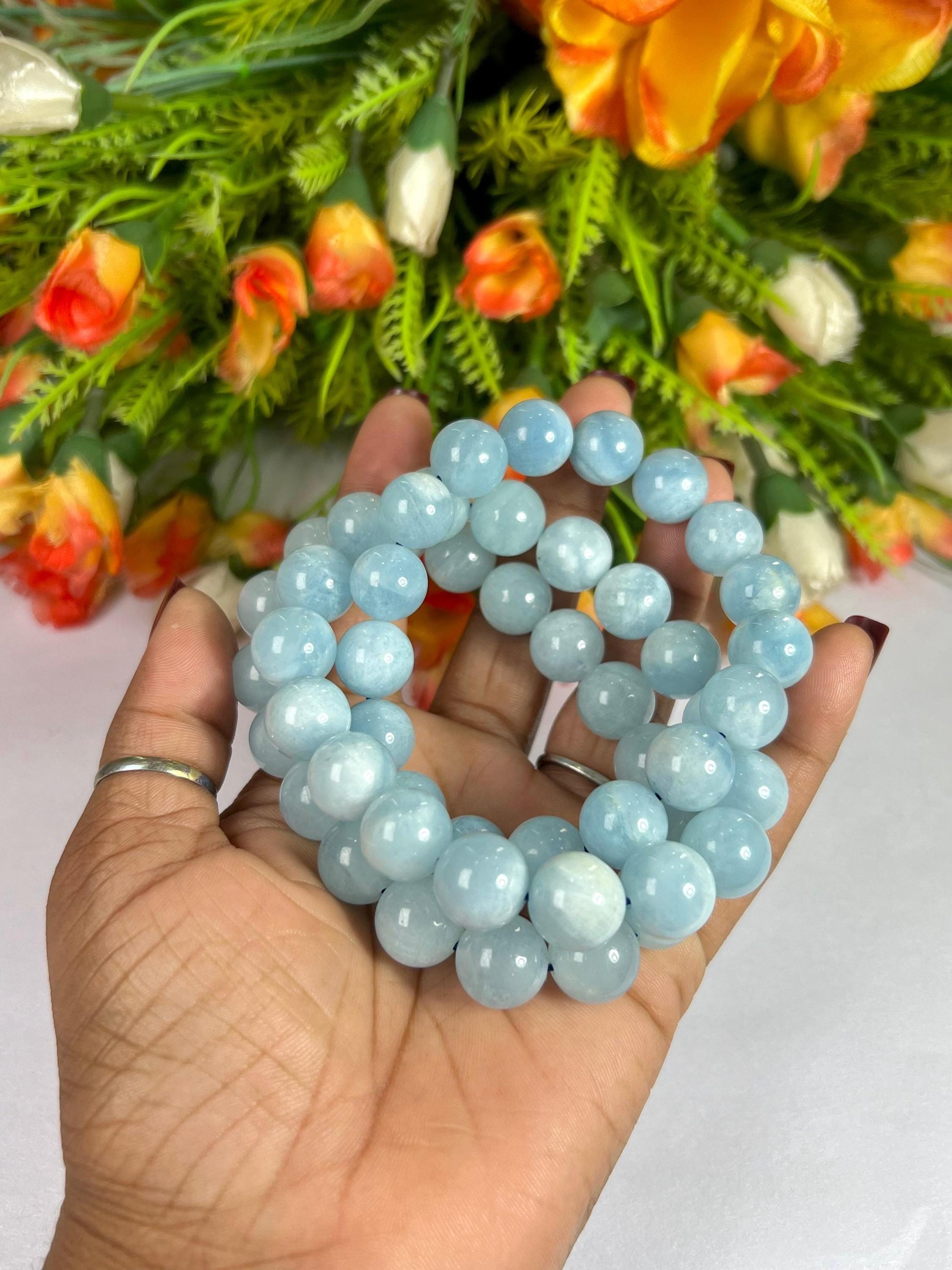 12 MM Aquamarine Stone Bracelet l Stretchable Bracelet l Unisex Bracelet