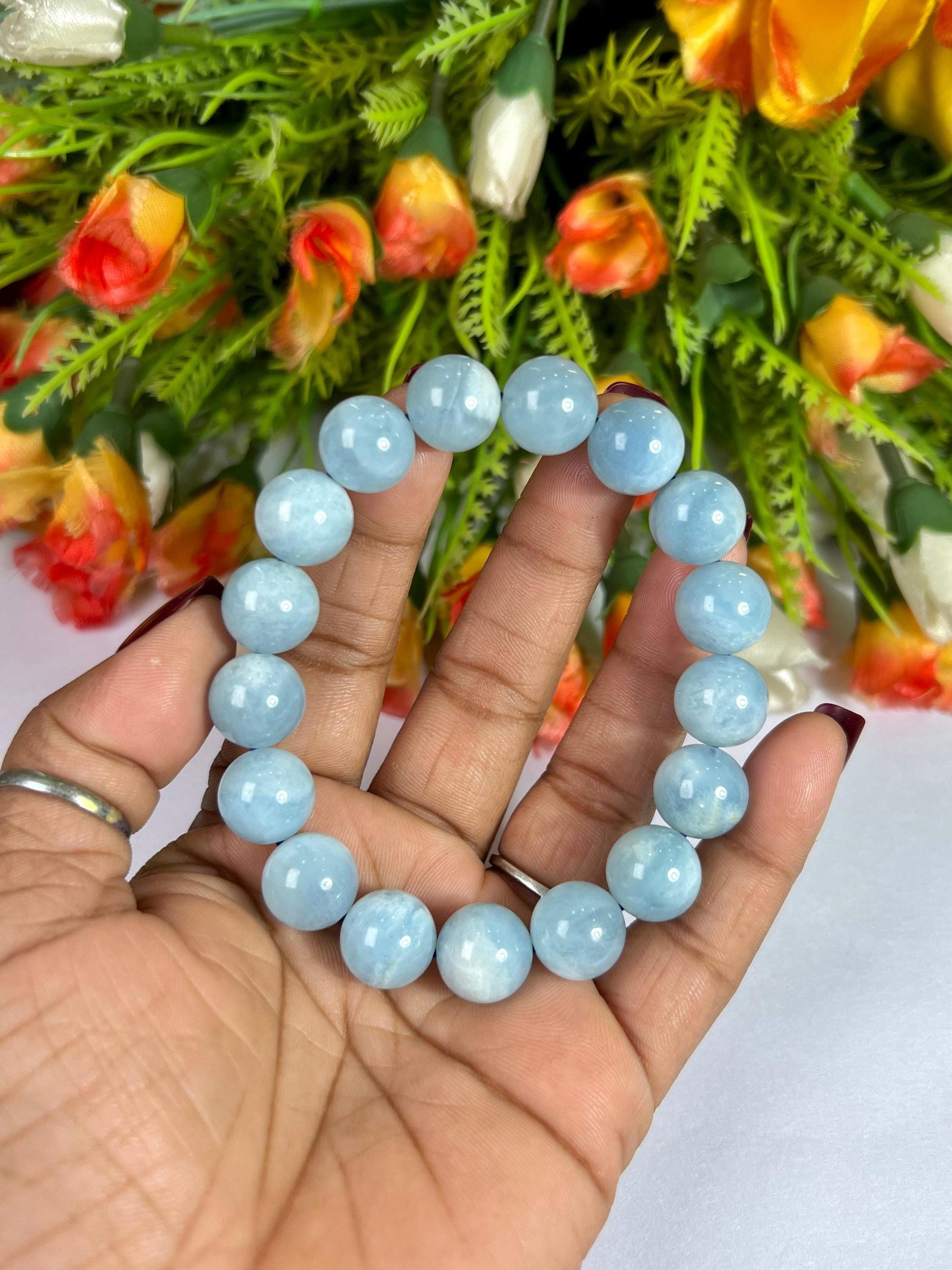 12 MM Aquamarine Stone Bracelet l Stretchable Bracelet l Unisex Bracelet