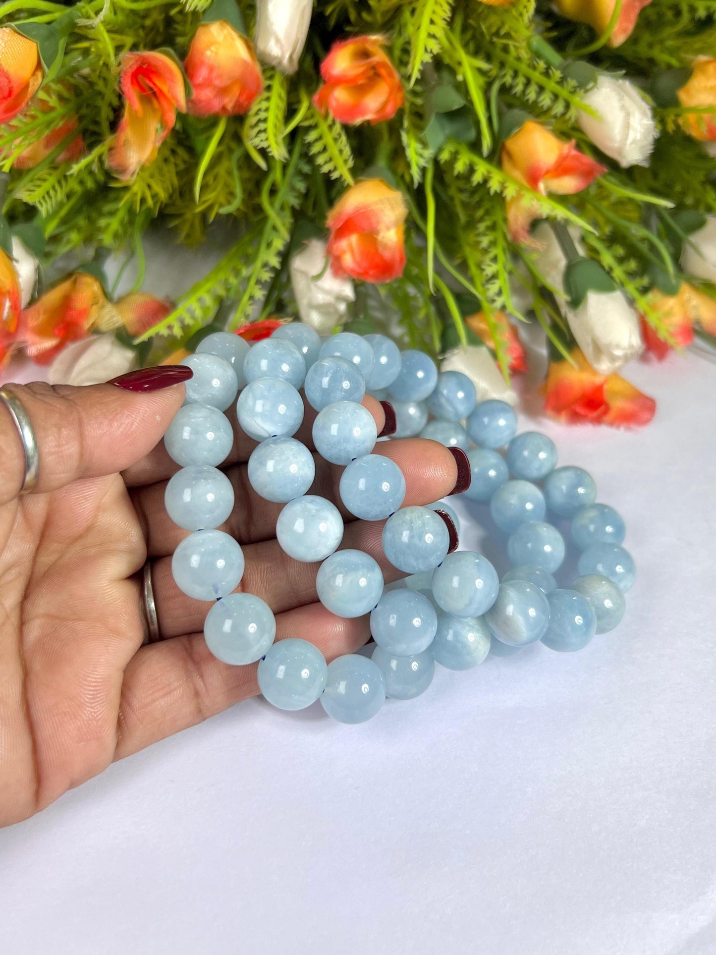 12 MM Aquamarine Stone Bracelet l Stretchable Bracelet l Unisex Bracelet