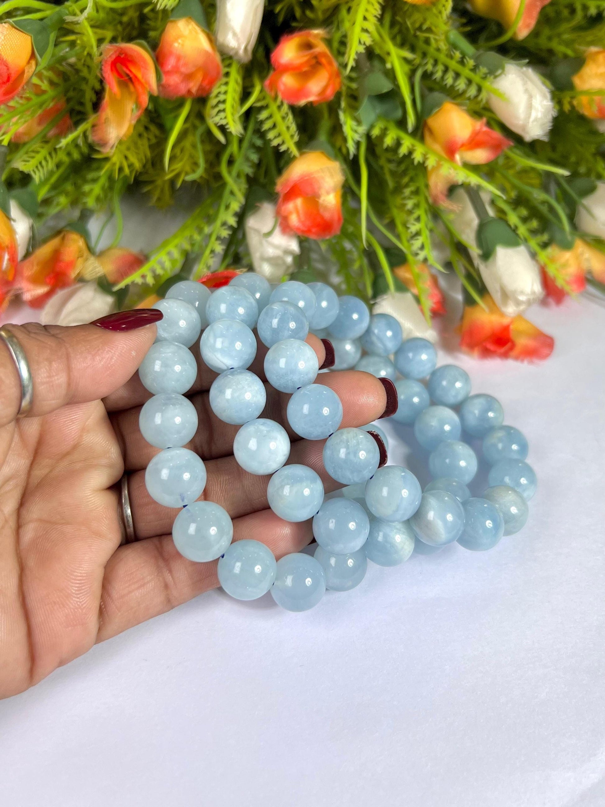 12 MM Aquamarine Stone Bracelet l Stretchable Bracelet l Unisex Bracelet