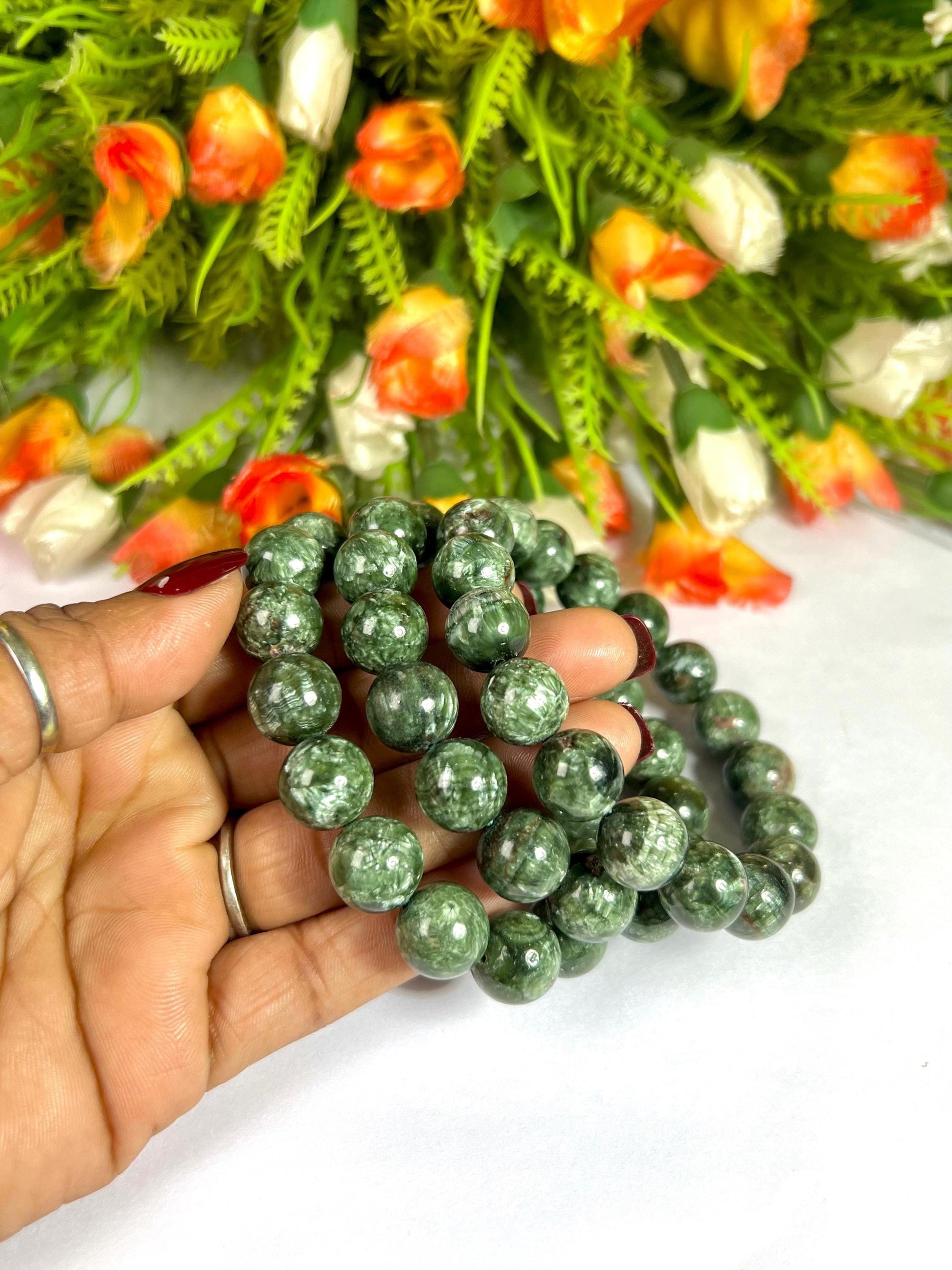 12 MM Seraphinite Stone Bracelet l Stretchable Bracelet l Unisex Bracelet