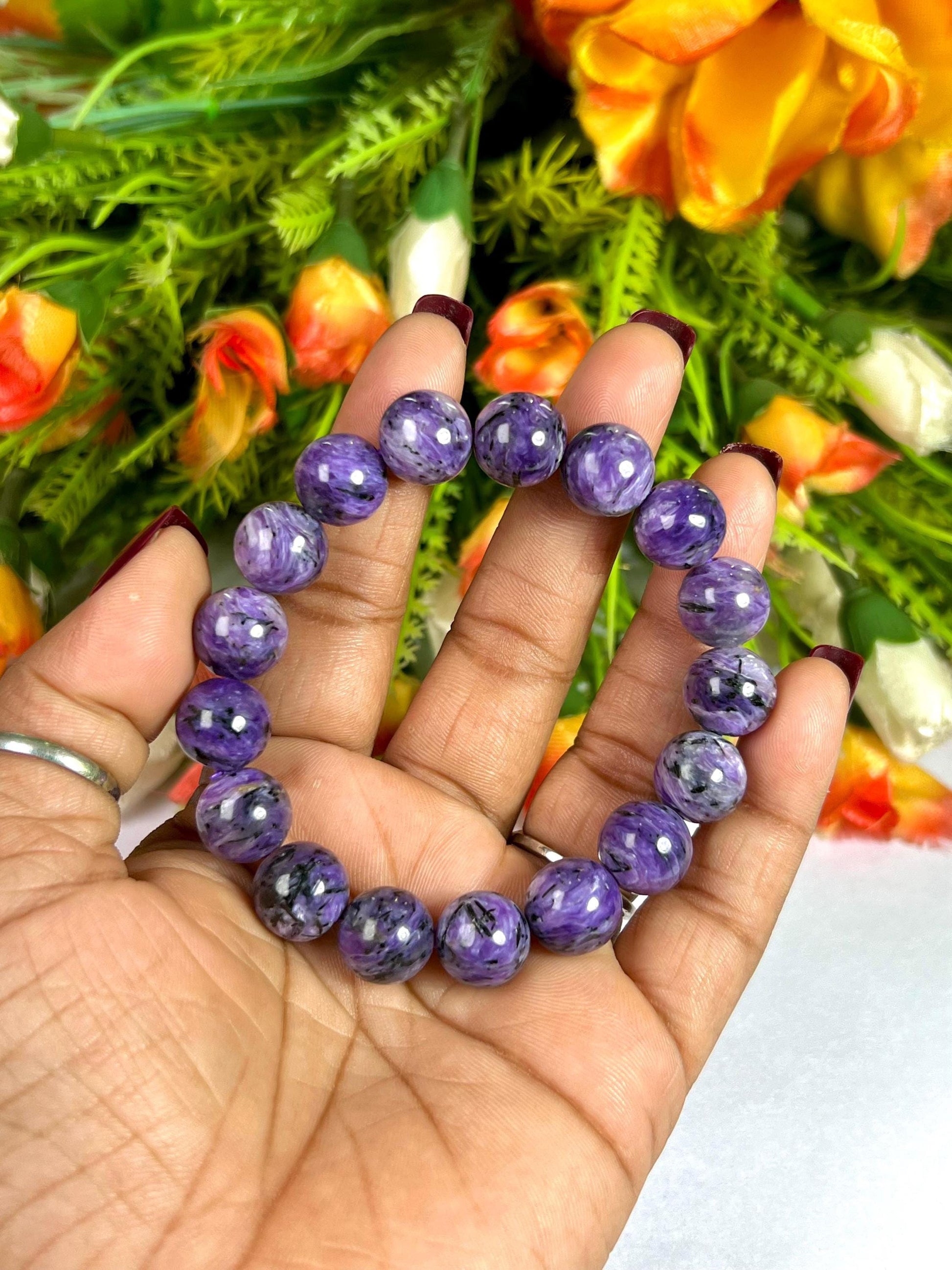 12 MM Charoite Stone Bracelet l Stretchable Bracelet l Unisex Bracelet