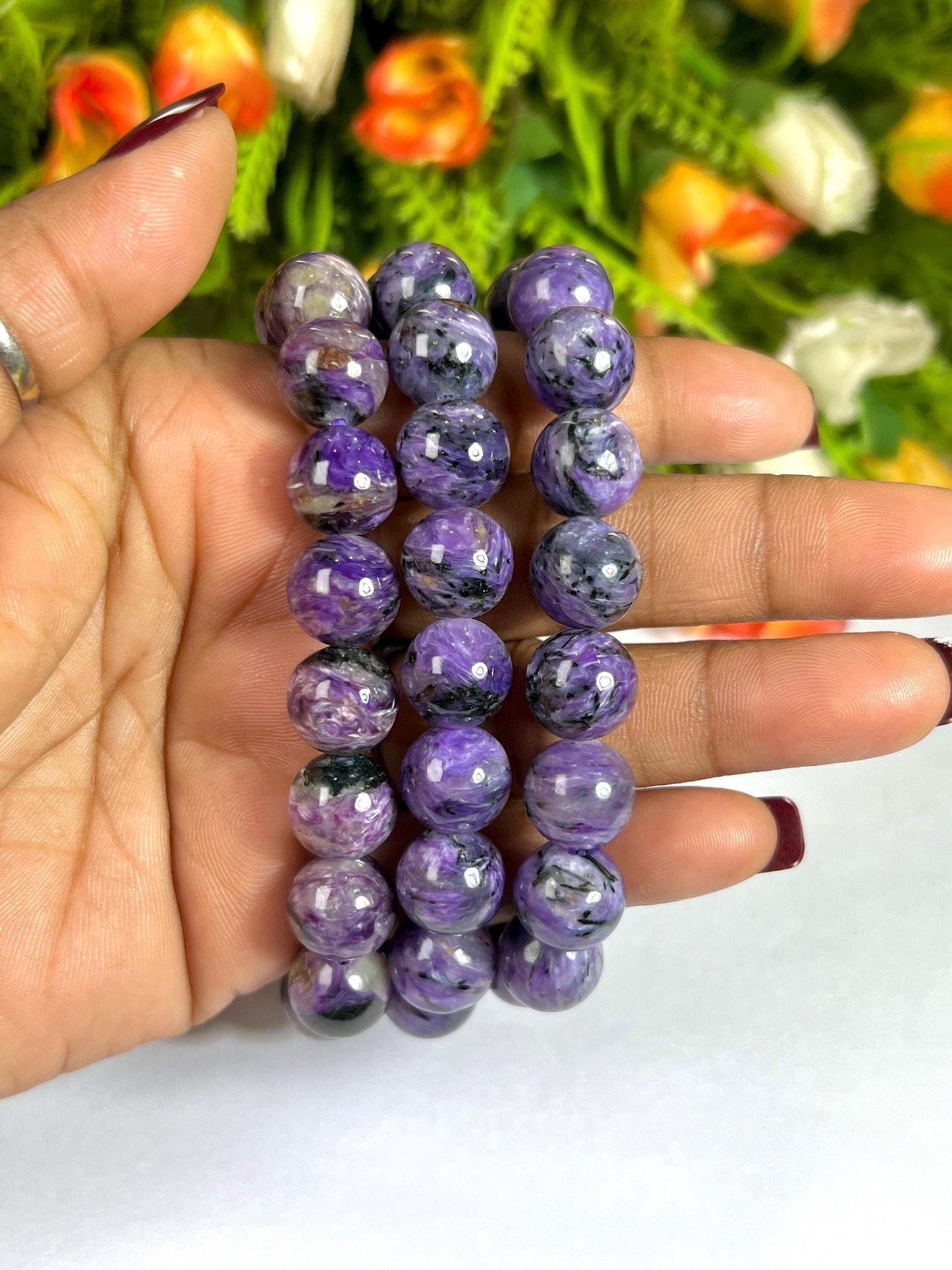 12 MM Charoite Stone Bracelet l Stretchable Bracelet l Unisex Bracelet