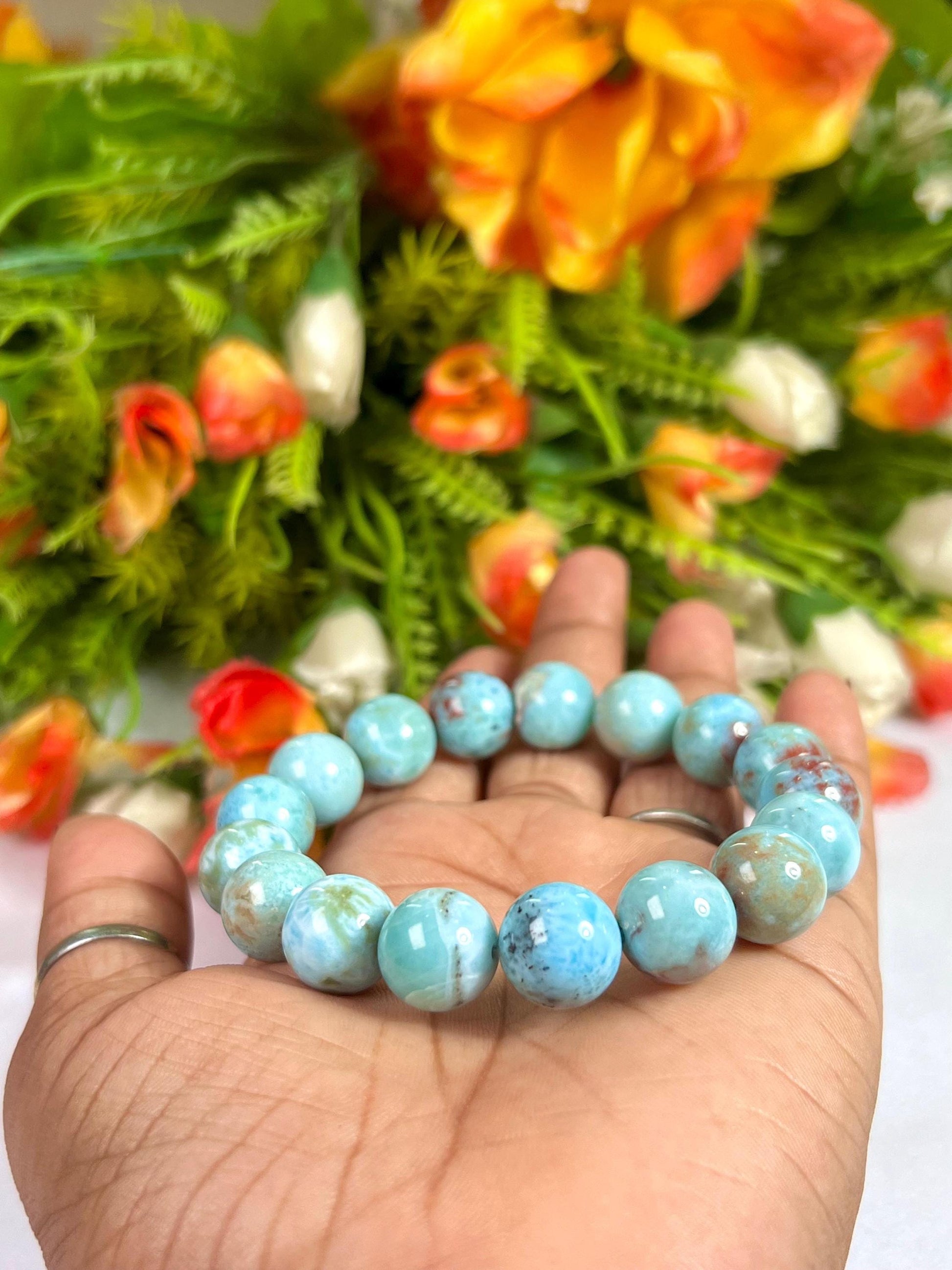 12 MM Dominican Republic Larimar Stone Bracelet l Stretchable Bracelet l Unisex Bracelet