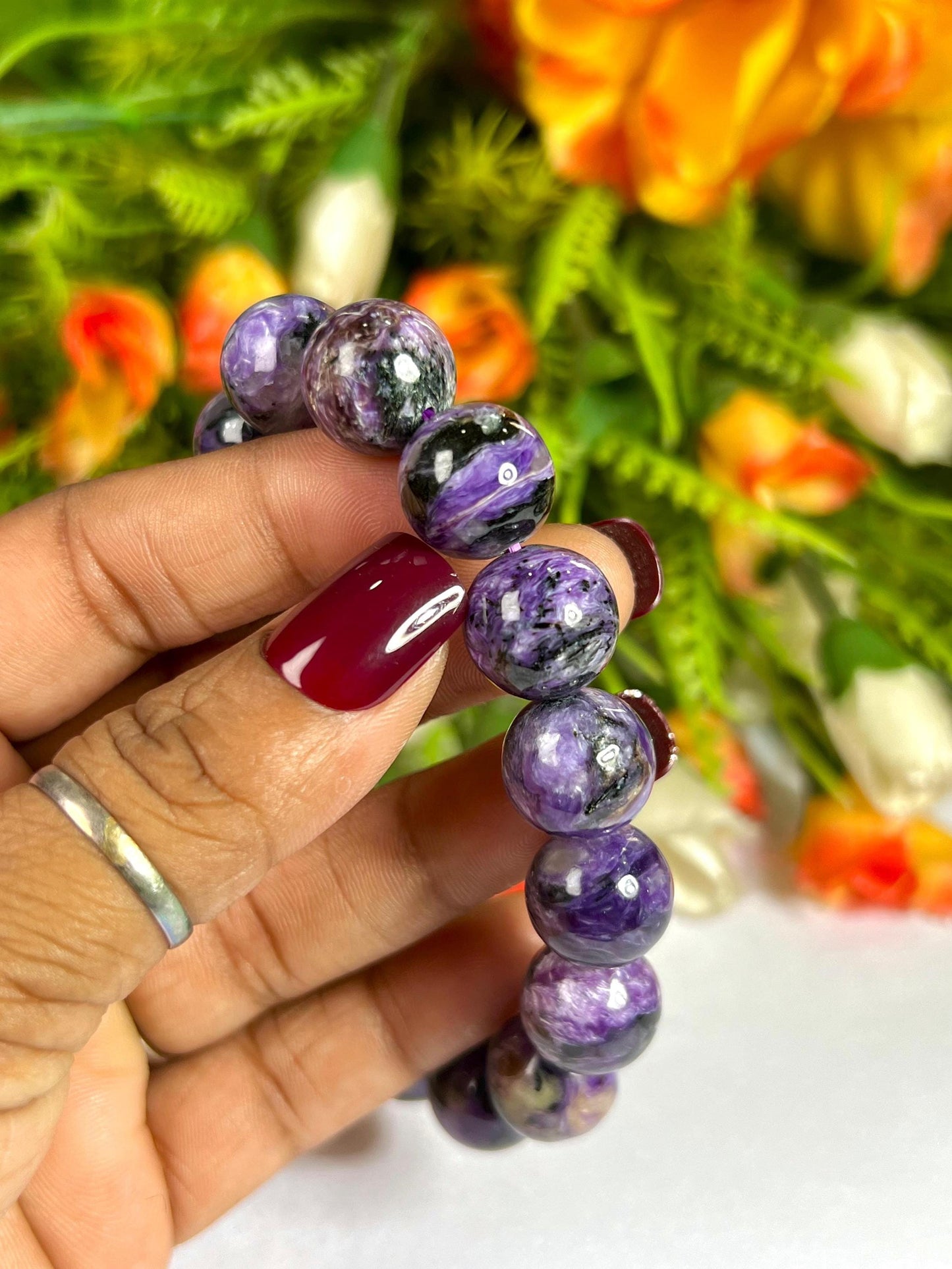 13 MM Charoite Stone Bracelet l Stretchable Bracelet l Unisex Bracelet