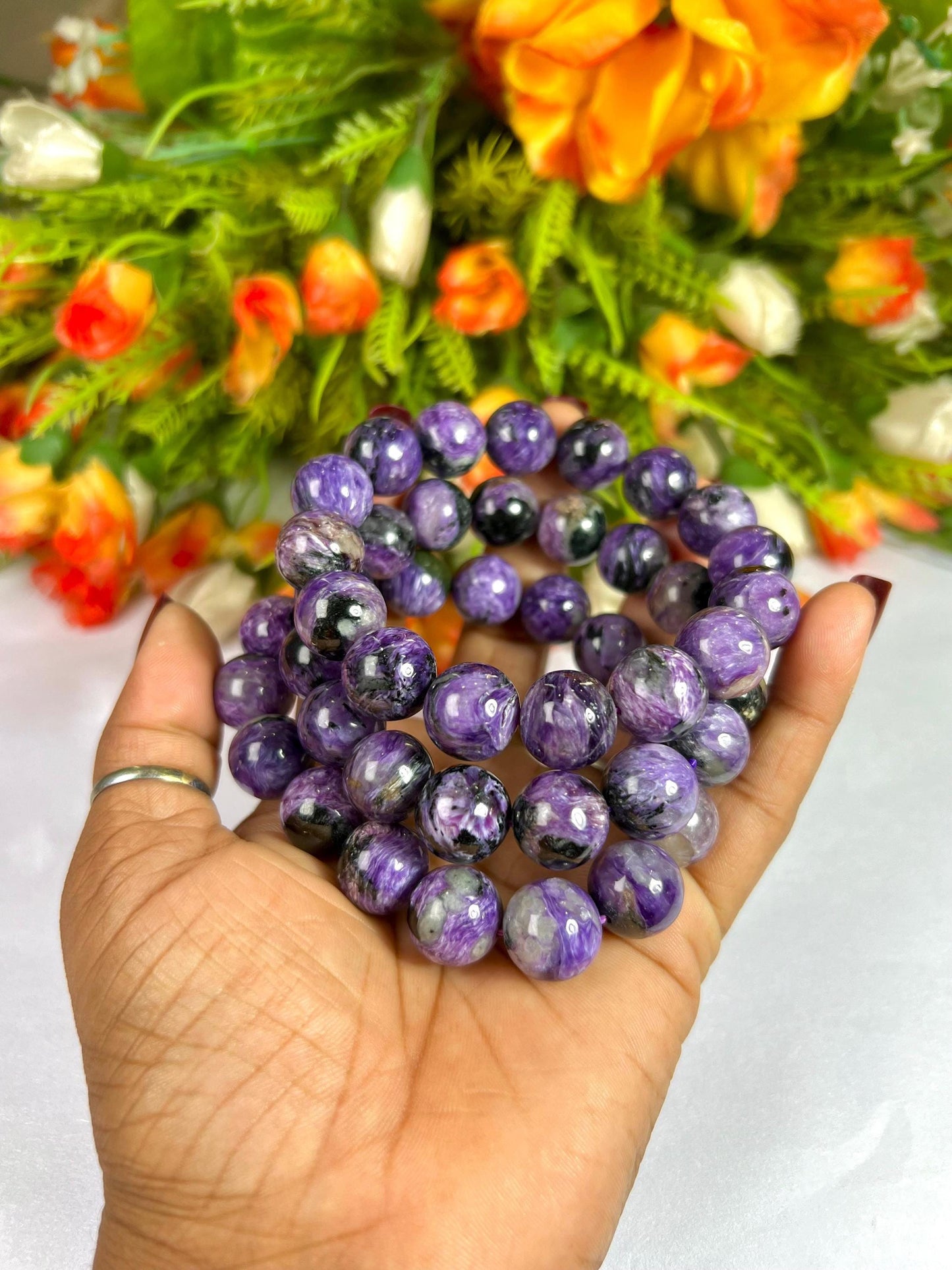 13 MM Charoite Stone Bracelet l Stretchable Bracelet l Unisex Bracelet