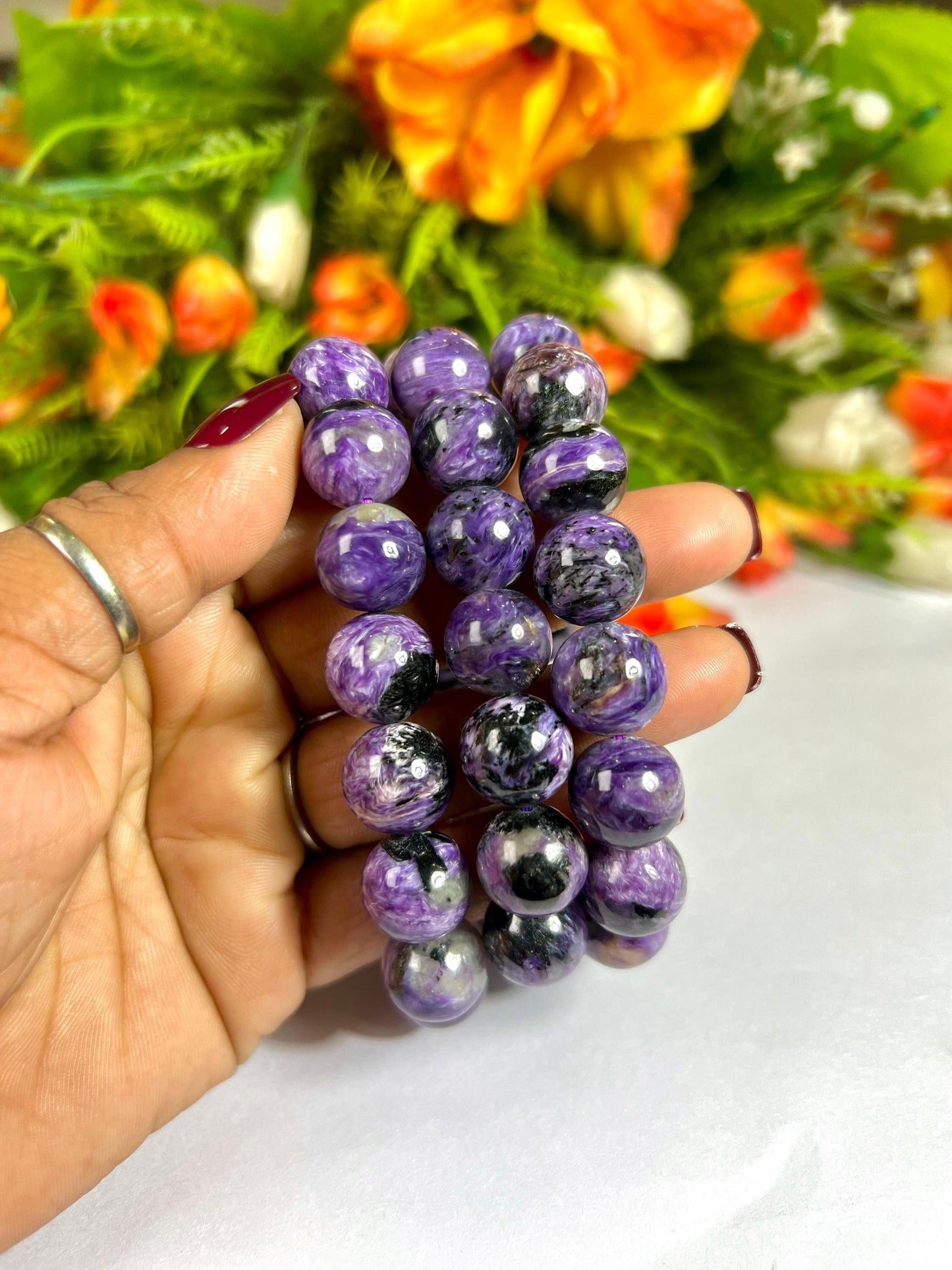 13 MM Charoite Stone Bracelet l Stretchable Bracelet l Unisex Bracelet