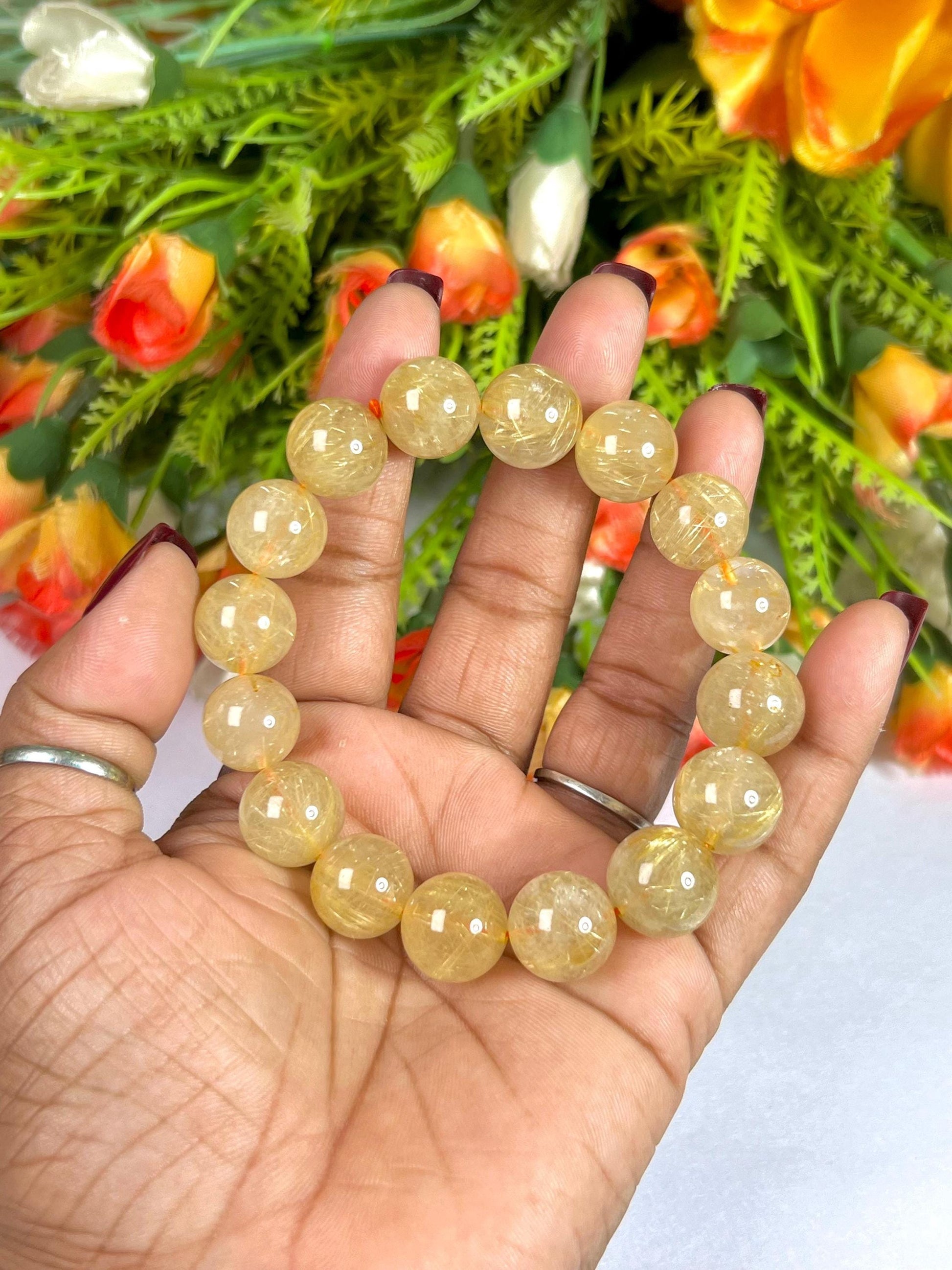 13 MM Golden Rutilated Quartz Stone Bracelet l Stretchable Bracelet l Unisex Bracelet