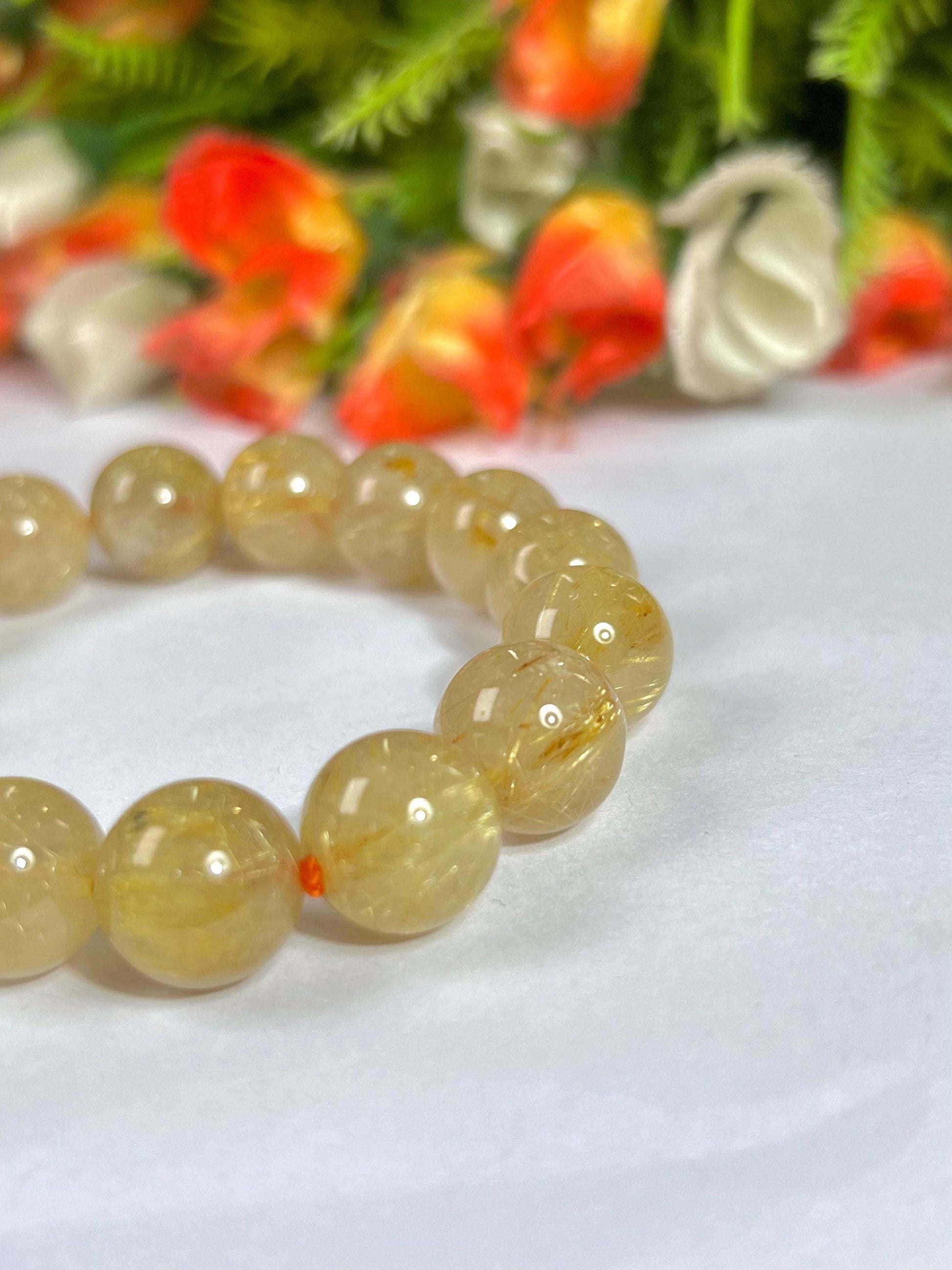 13 MM Golden Rutilated Quartz Stone Bracelet l Stretchable Bracelet l Unisex Bracelet