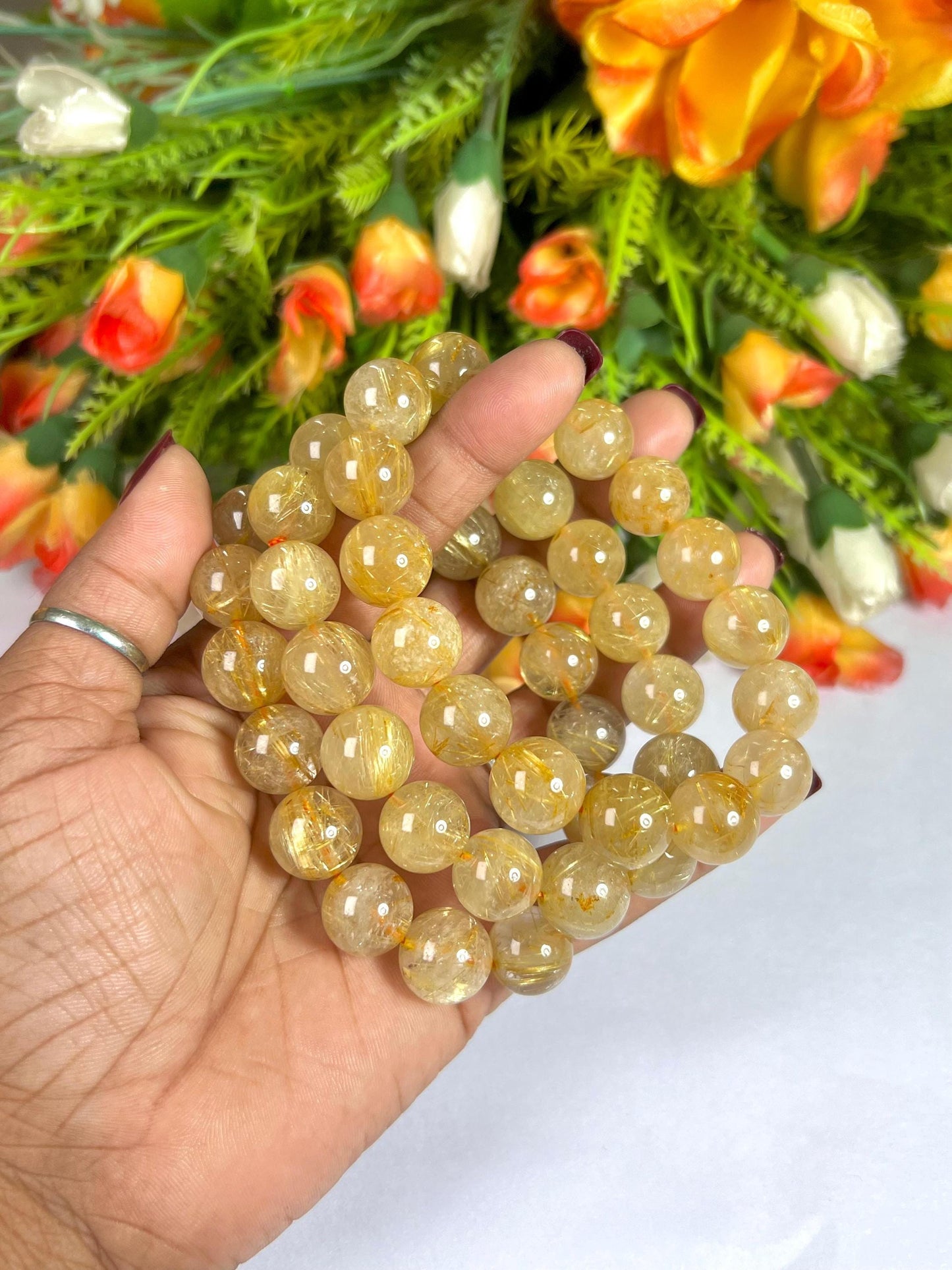 13 MM Golden Rutilated Quartz Stone Bracelet l Stretchable Bracelet l Unisex Bracelet