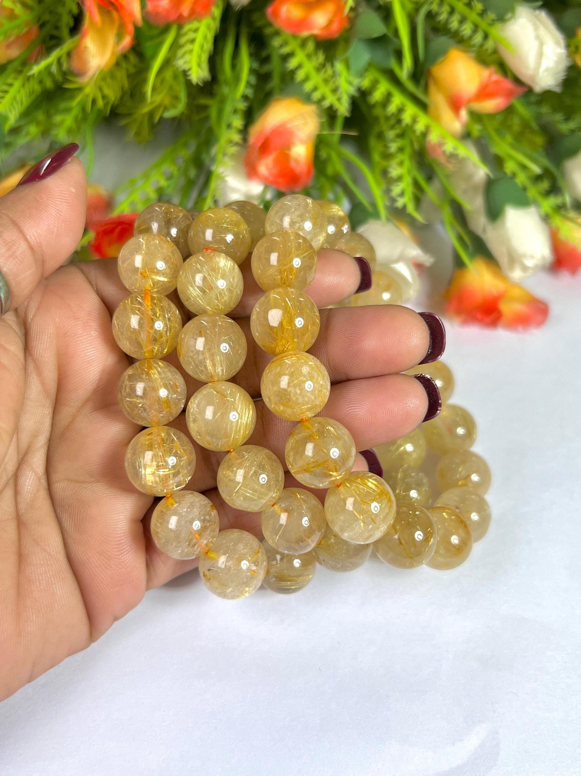 13 MM Golden Rutilated Quartz Stone Bracelet l Stretchable Bracelet l Unisex Bracelet