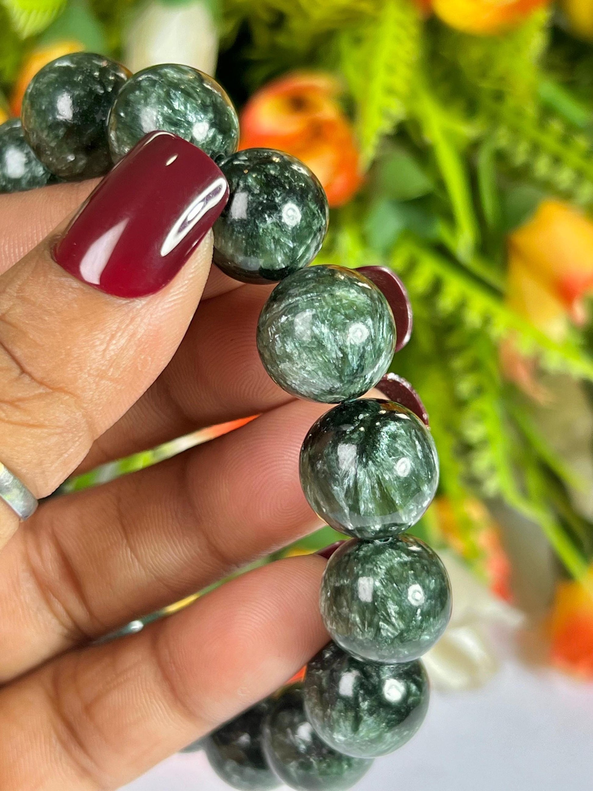 13 MM Seraphinite Stone Bracelet l Stretchable Bracelet l Unisex Bracelet
