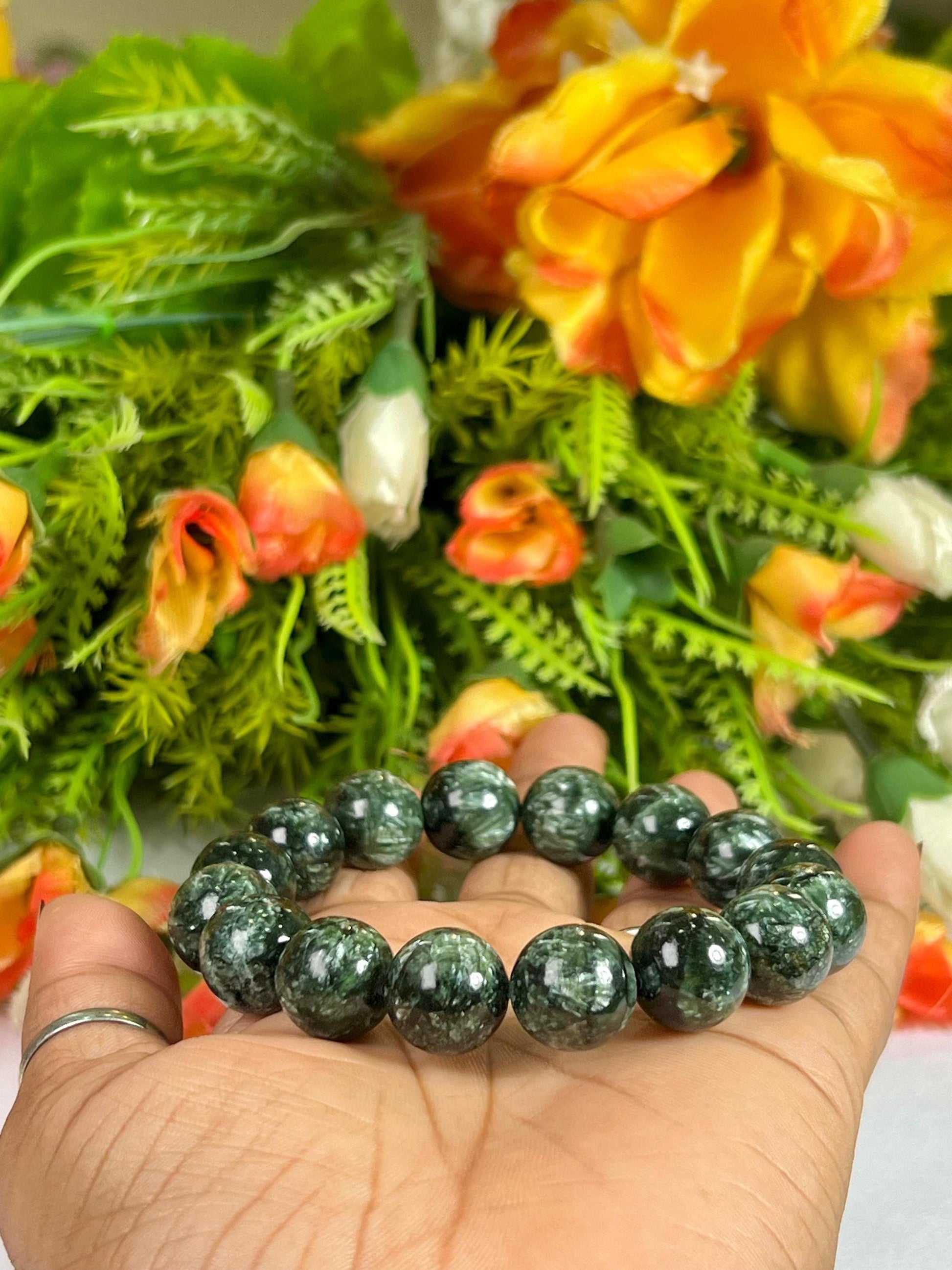 13 MM Seraphinite Stone Bracelet l Stretchable Bracelet l Unisex Bracelet