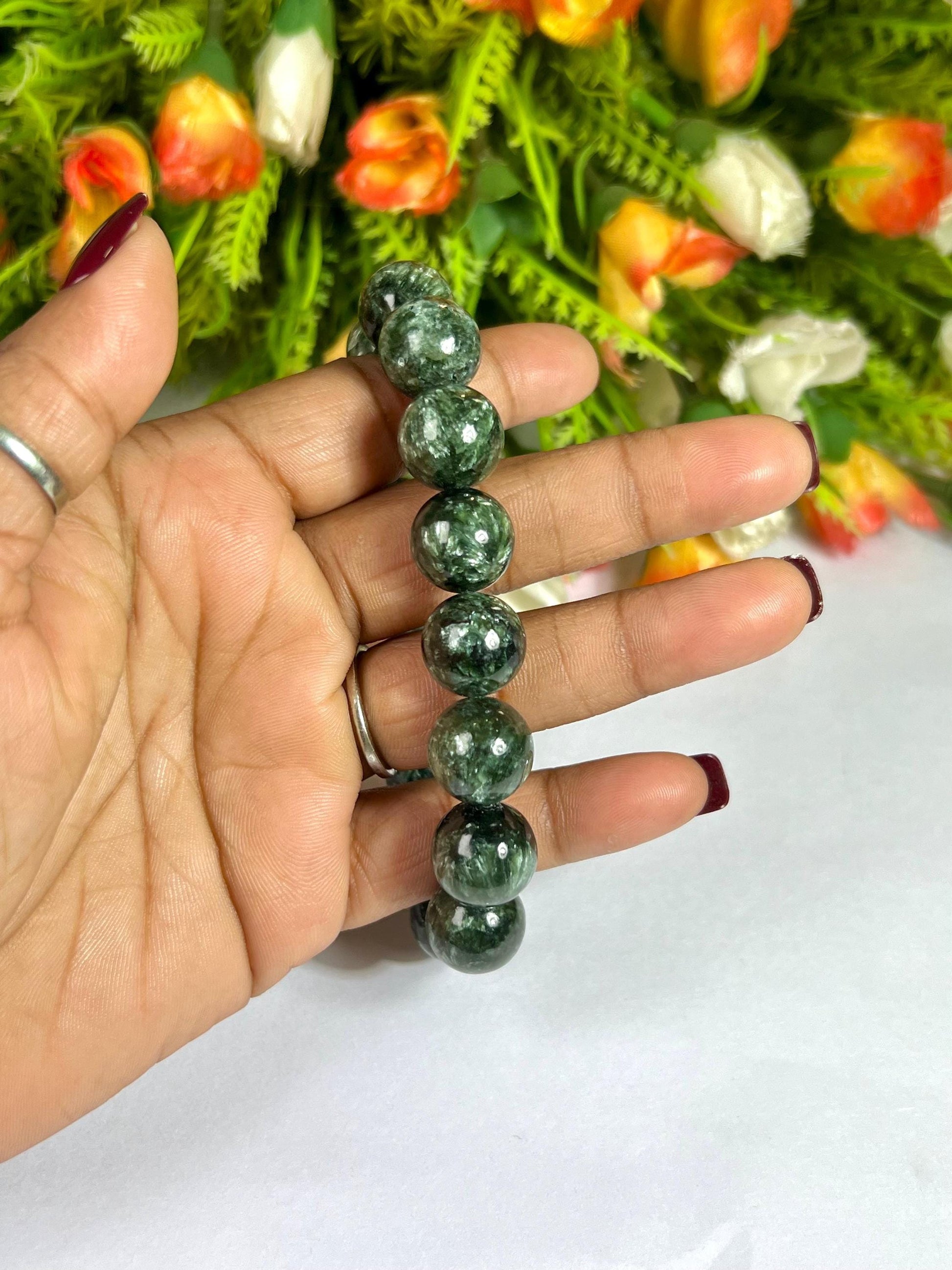 13 MM Seraphinite Stone Bracelet l Stretchable Bracelet l Unisex Bracelet