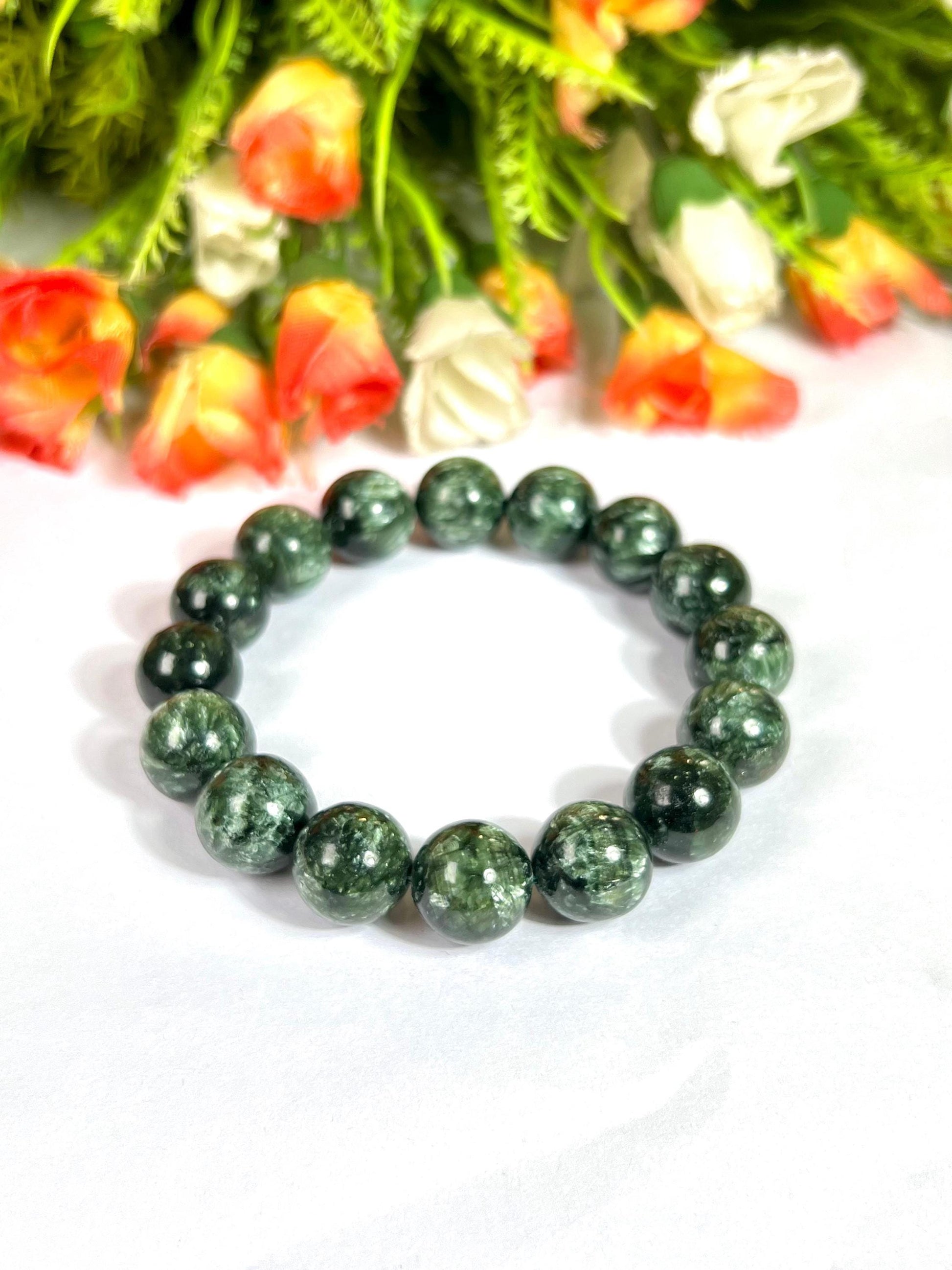 13 MM Seraphinite Stone Bracelet l Stretchable Bracelet l Unisex Bracelet