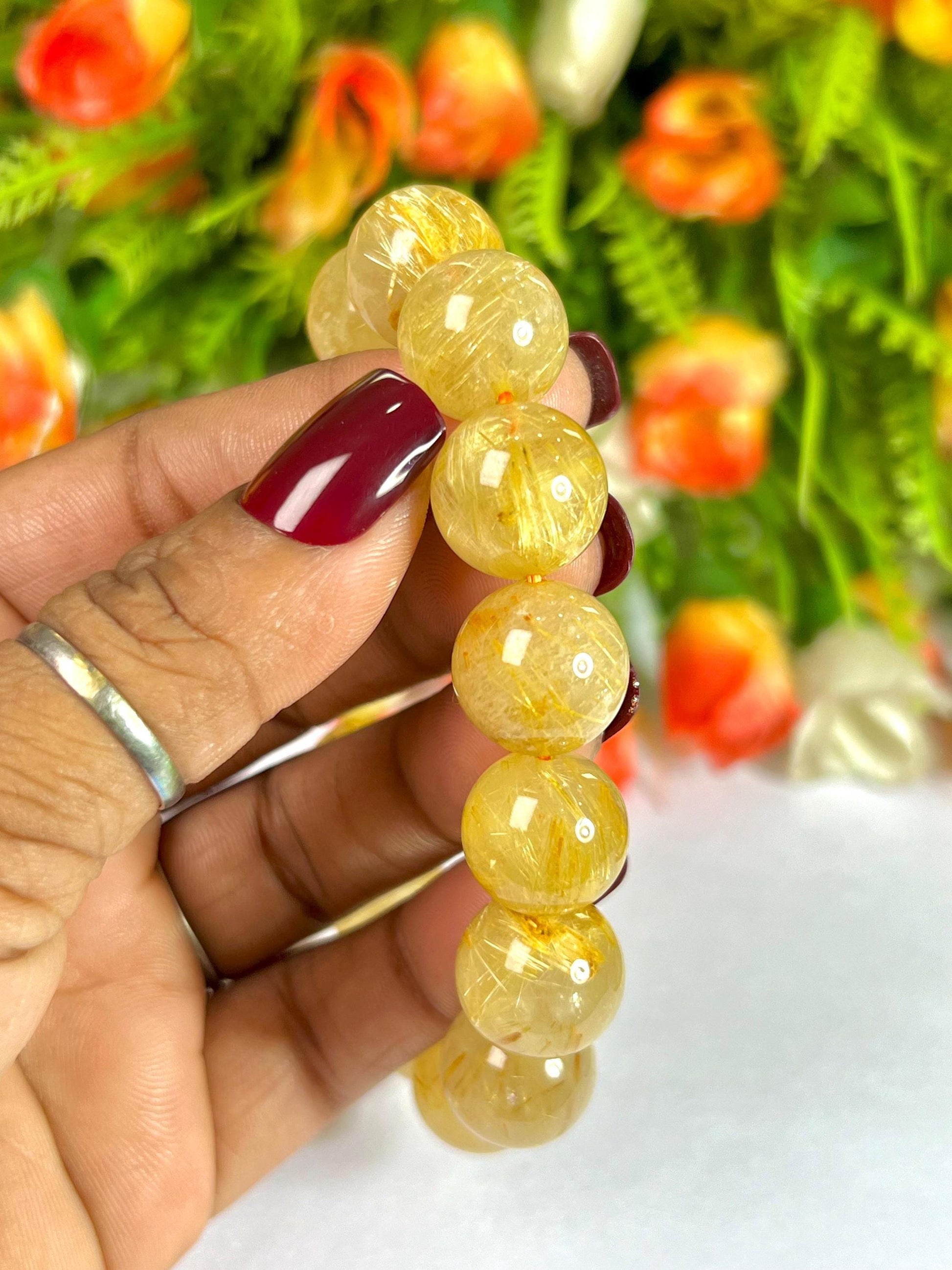 14 MM Golden Rutilated Quartz Stone Bracelet l Stretchable Bracelet l Unisex Bracelet