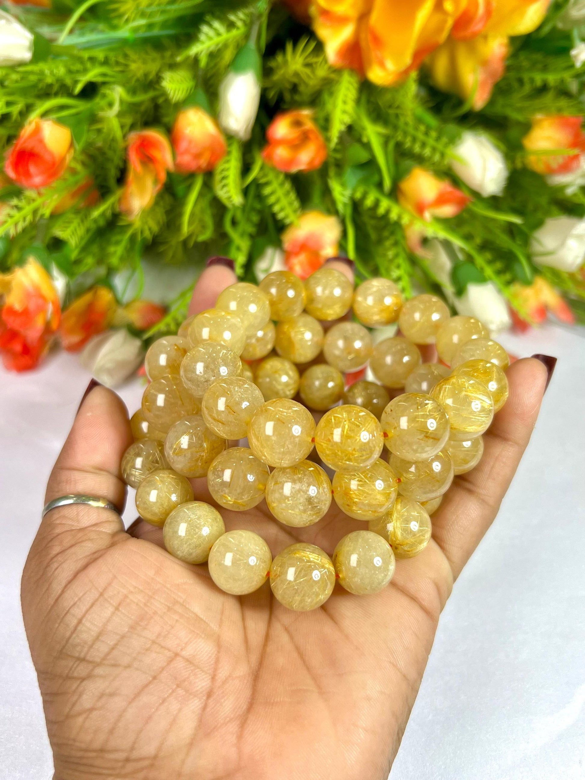 14 MM Golden Rutilated Quartz Stone Bracelet l Stretchable Bracelet l Unisex Bracelet