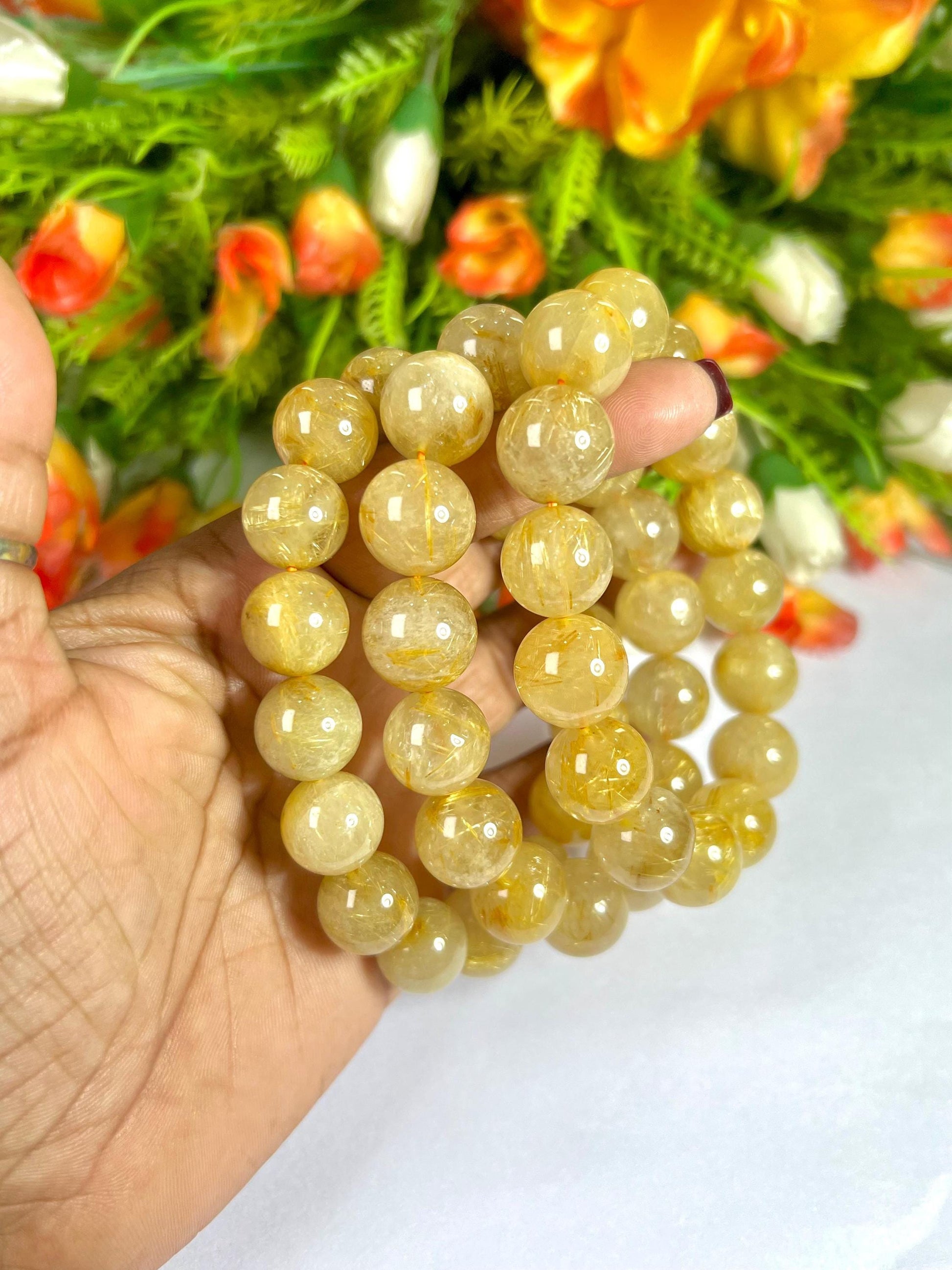 14 MM Golden Rutilated Quartz Stone Bracelet l Stretchable Bracelet l Unisex Bracelet