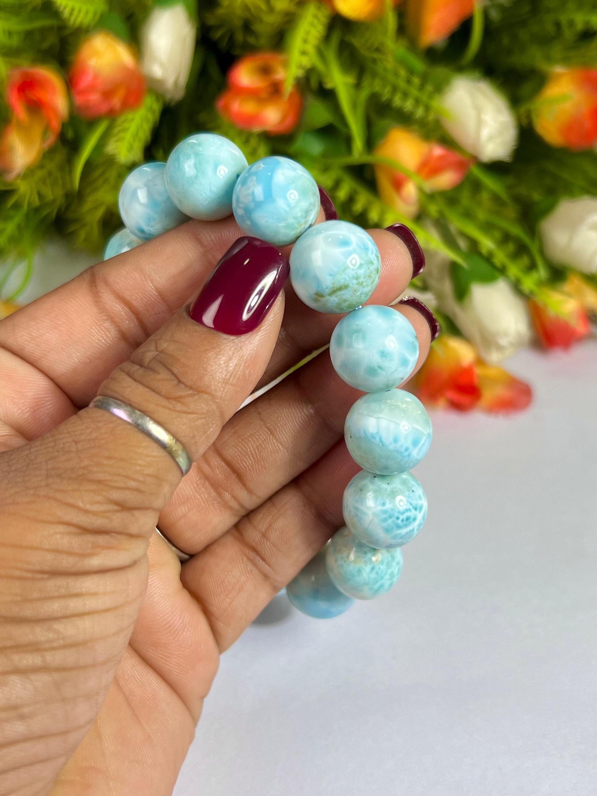 14 MM Dominican Republic Larimar Stone Bracelet l Stretchable Bracelet l Unisex Bracelet