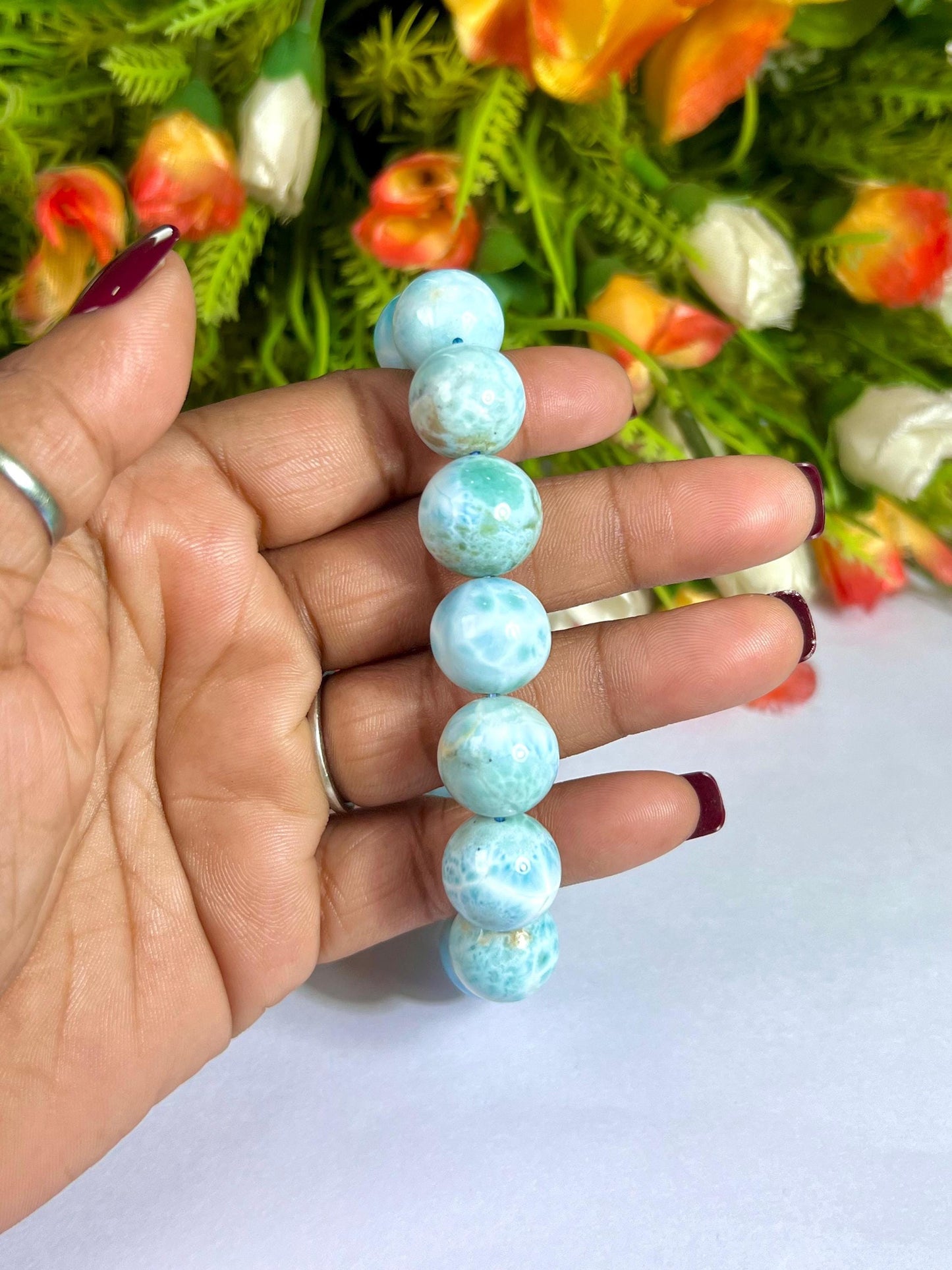 14 MM Dominican Republic Larimar Stone Bracelet l Stretchable Bracelet l Unisex Bracelet