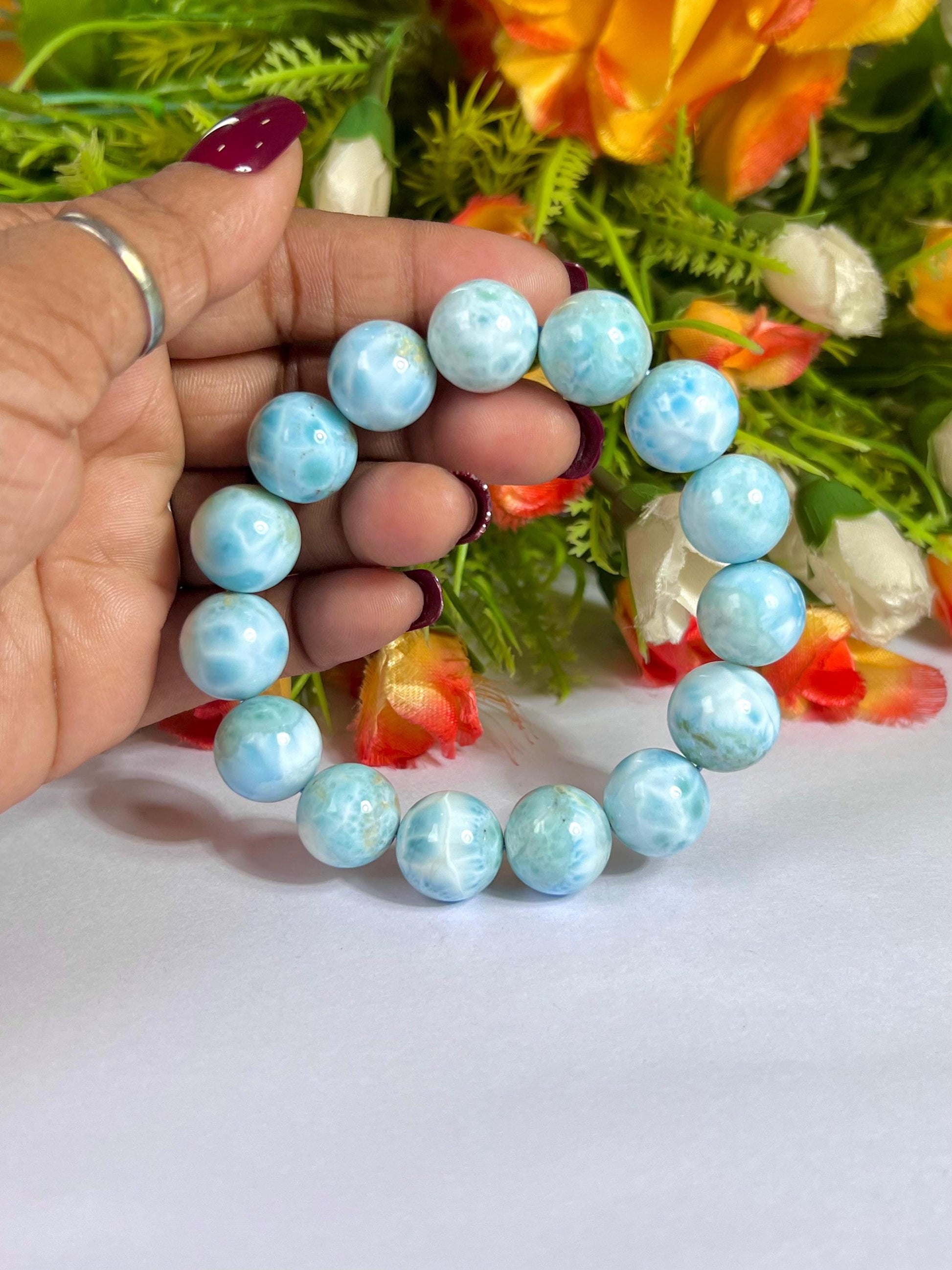 14 MM Dominican Republic Larimar Stone Bracelet l Stretchable Bracelet l Unisex Bracelet