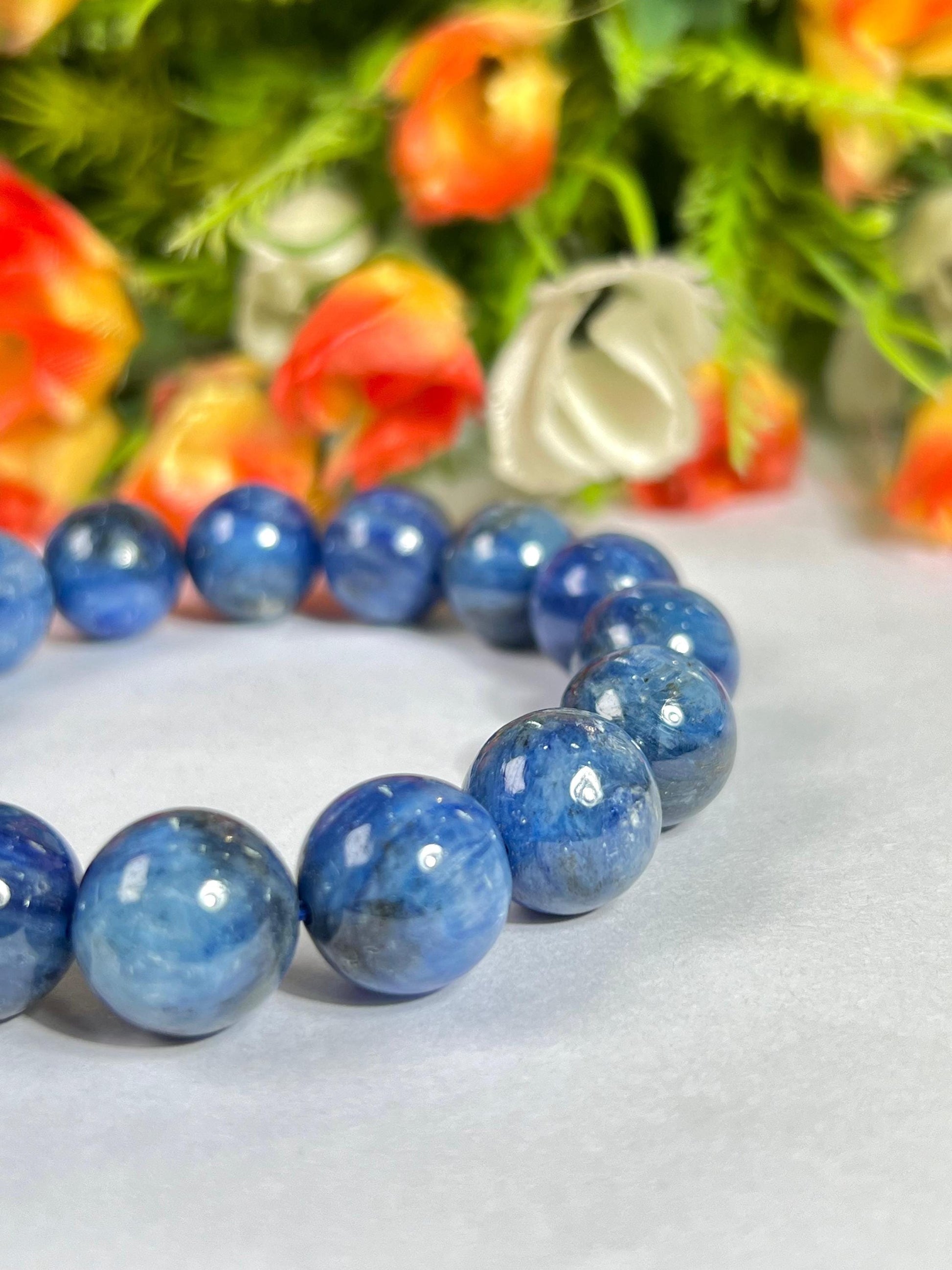 14 MM  Blue Kyanite Stone Bracelet l Stretchable Bracelet l Unisex Bracelet