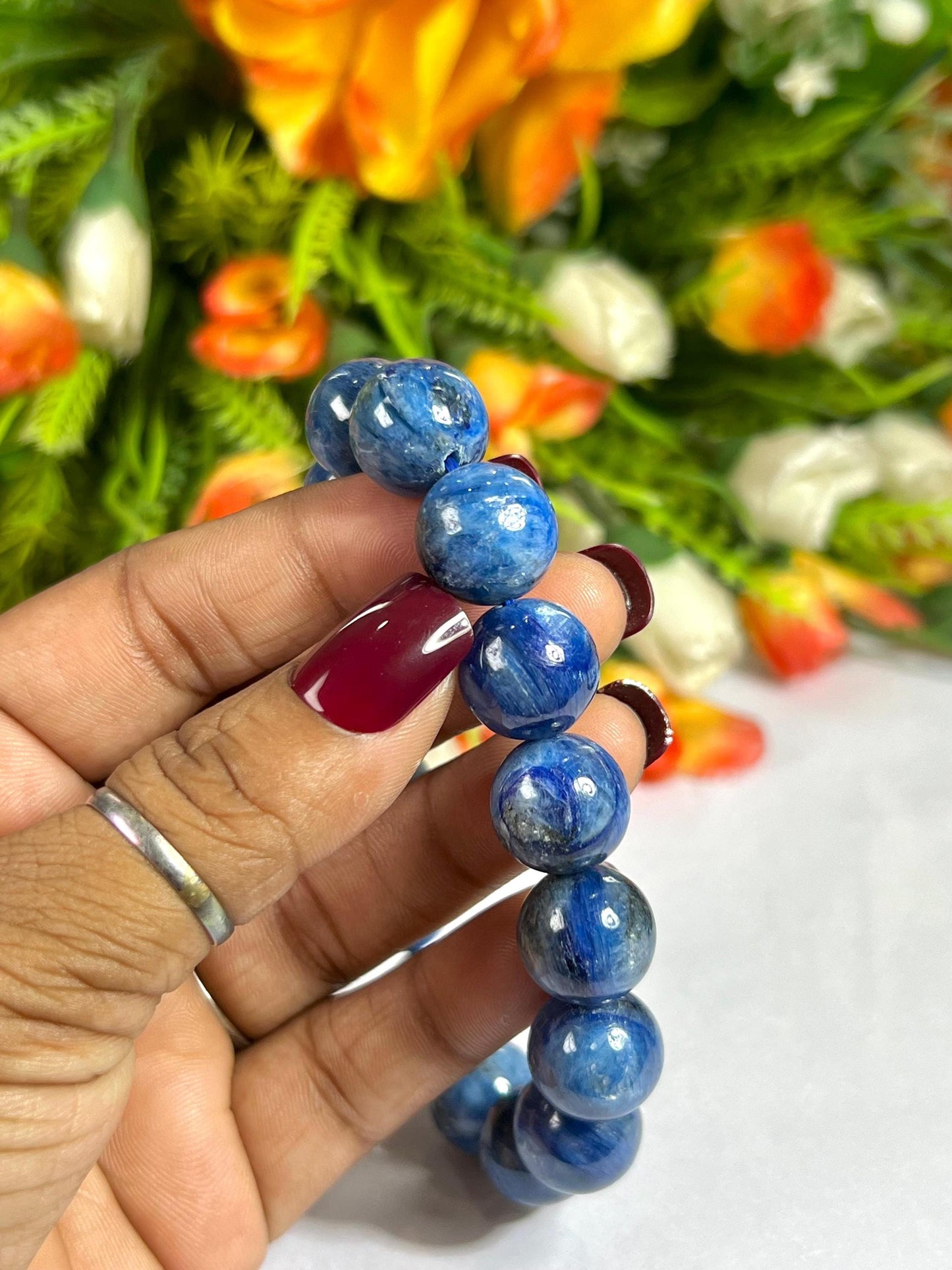 14 MM  Blue Kyanite Stone Bracelet l Stretchable Bracelet l Unisex Bracelet